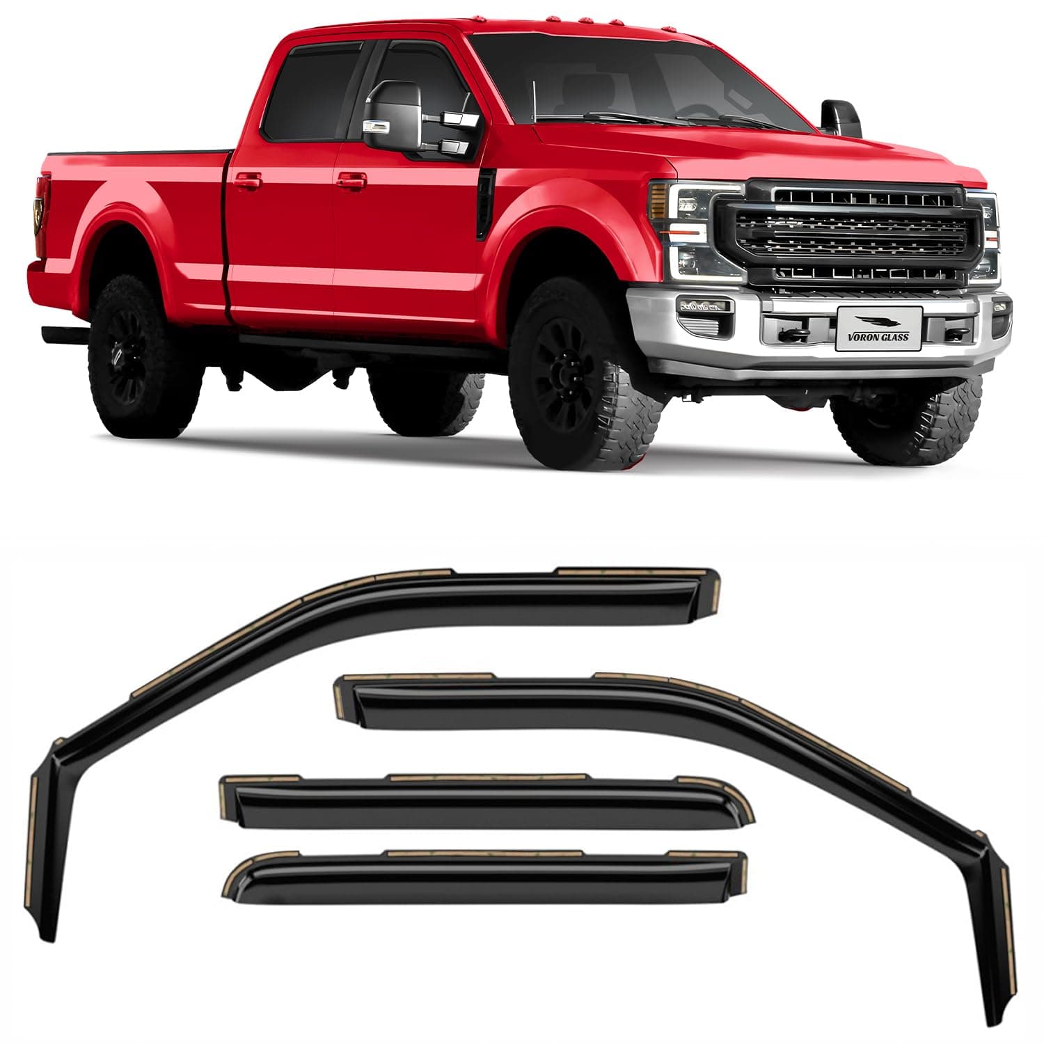 Voron Glass in-Channel Extra Durable Rain Guards for Ford F250 to F550 Super Duty 2017-2022 Crew Cab, Window Deflectors, Vent Window Visors, 4 Pieces - 200289