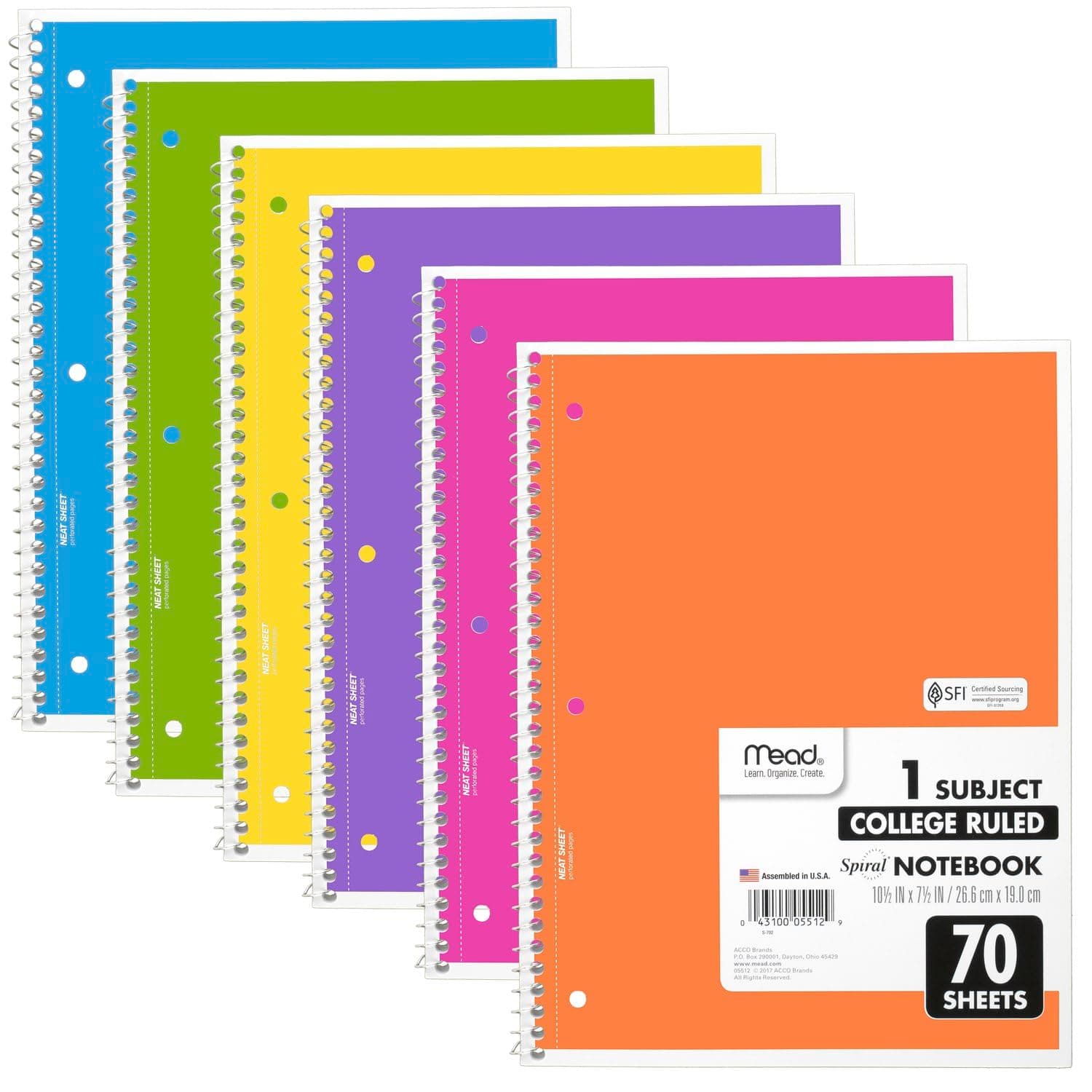 Mead Spiral Notebook, 6 Pack, 1 Subject, College Ruled Paper, 7-1/2" x 10-1/2", 70 Sheets Per Book, Assorted Bright Colors (830050-ECM)