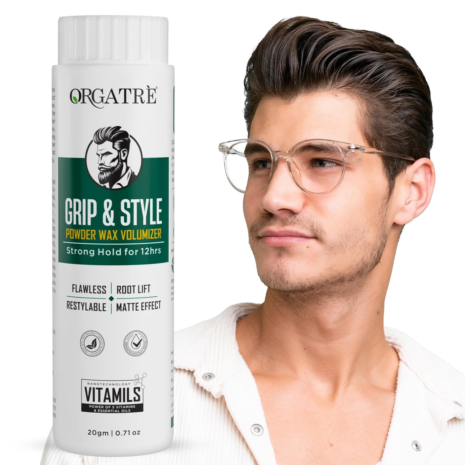 ORGATRE Grip & Style Hair Volumizing Powder | Strong Hold up to 12 Hrs | Matte Finish Hair Wax Powder for Men | Safe Hair Fiber Powder Wax | Hair Styling Powder for Men | 20 gm (Pack of 1)