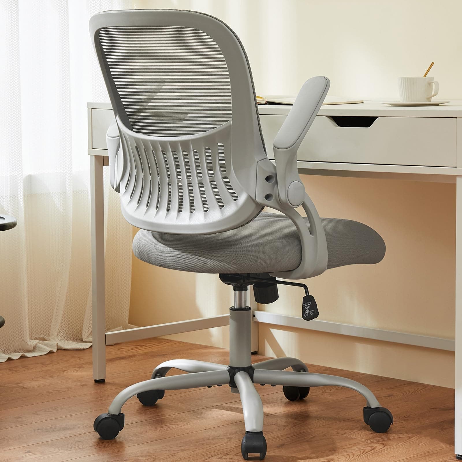 Office Computer Desk Chair, Ergonomic Mid-Back Mesh Rolling Work Swivel Task Chairs with Wheels, Comfortable Lumbar Support, Comfy Flip-up Arms for Home, Bedroom, Study, Student, Gray