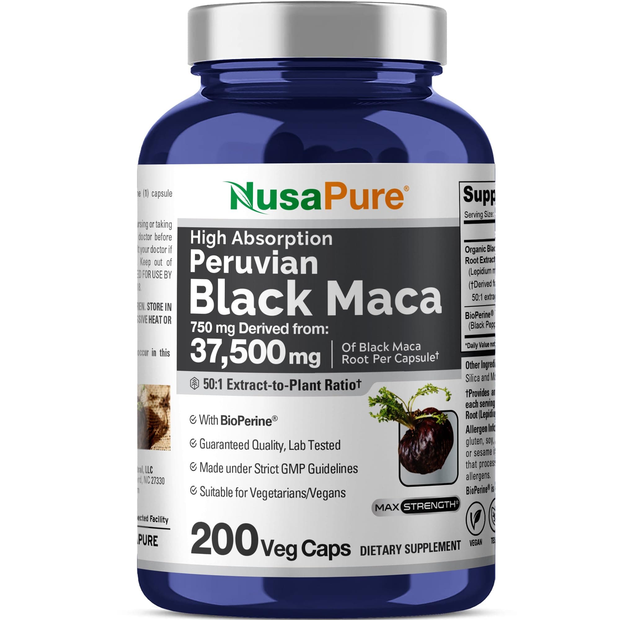 Peruvian Black Maca Root Extract 50:1 - Suitable for Vegetarian/Vegan, Non - GMO - 37500 mg - 200 Capsules