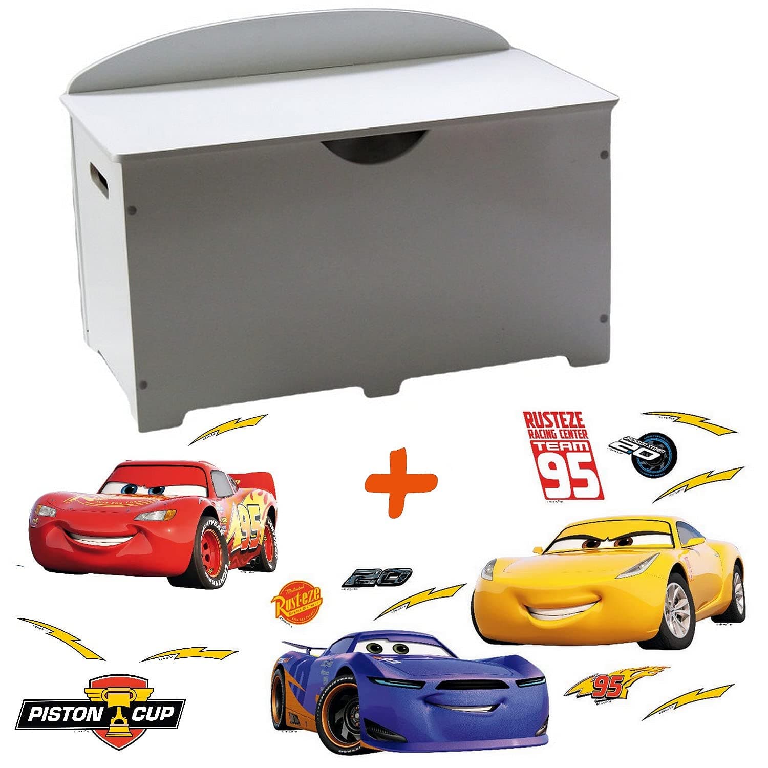 BebeGavroche White Wooden Toy Box 2 in 1 Cars Theme