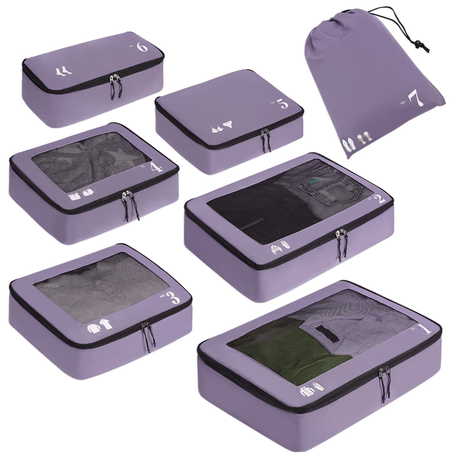 ECOHUB Packing Cubes for Suitcase 7 PCS Travel Organiser Packing Bags Recycled PET Eco Friendly Travel Accessories Shoes Bags for Travel Storage Bag Luggage Organiser Bags Travel Pouch (Purple)