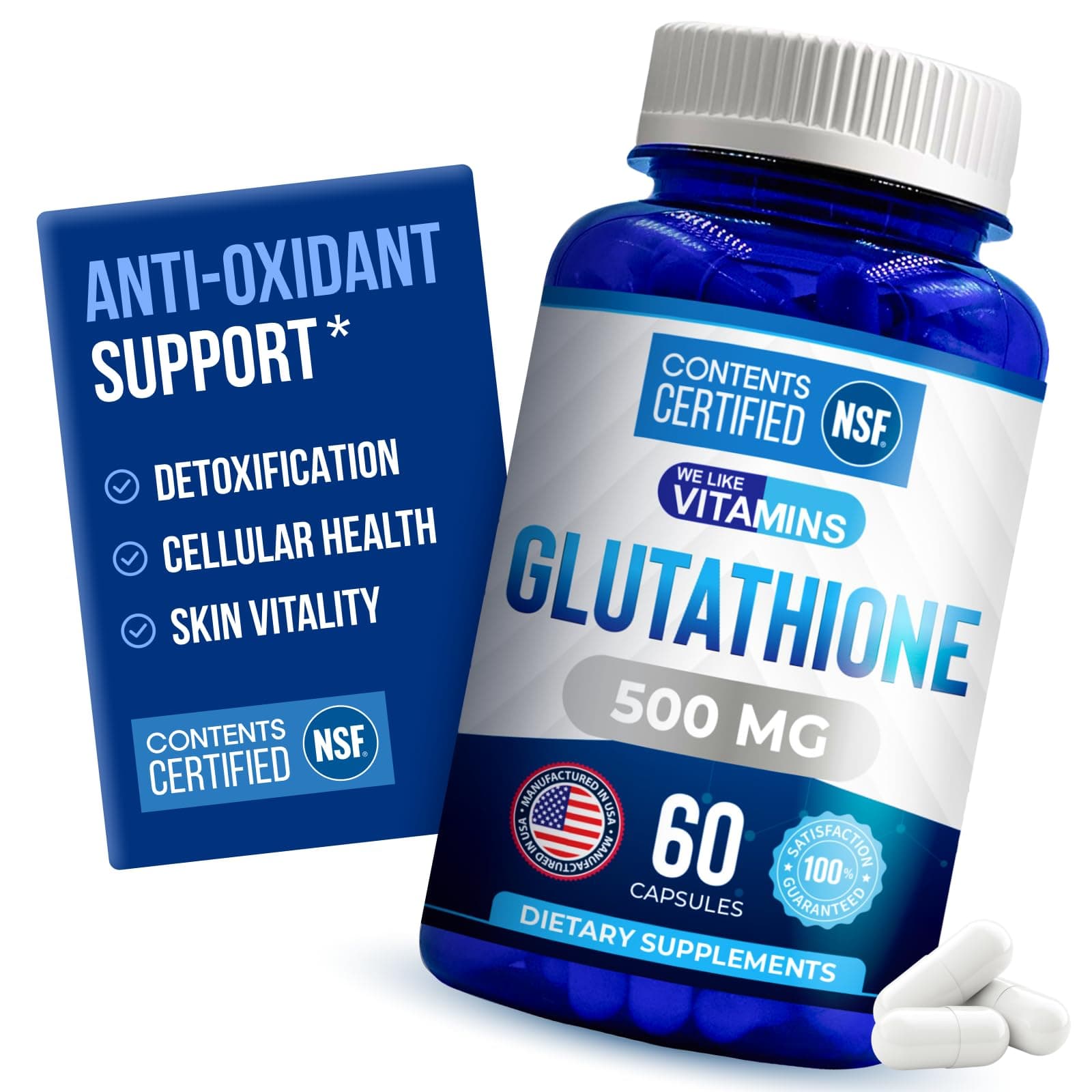 We Like Vitamins NSF Certified Glutathione Supplement 500mg - 60 Capsules of Reduced L-Glutathione for Antioxidant & Immune Support - Manufactured in USA