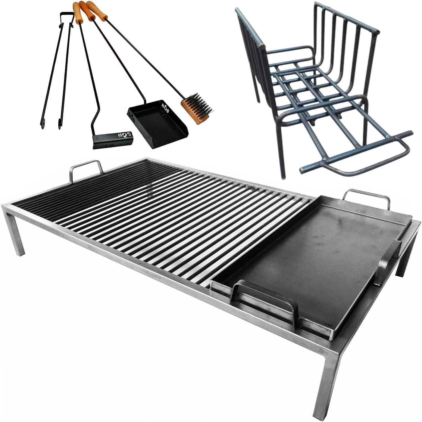 Argentine Grill with removable iron modules + Brazier + Fire tools - Iron Argentina Grill - BBQ Parrilla Asado - Sor Pampa Grill (Grill with iron griddle Module) Cod 003. (40 x 24 in)