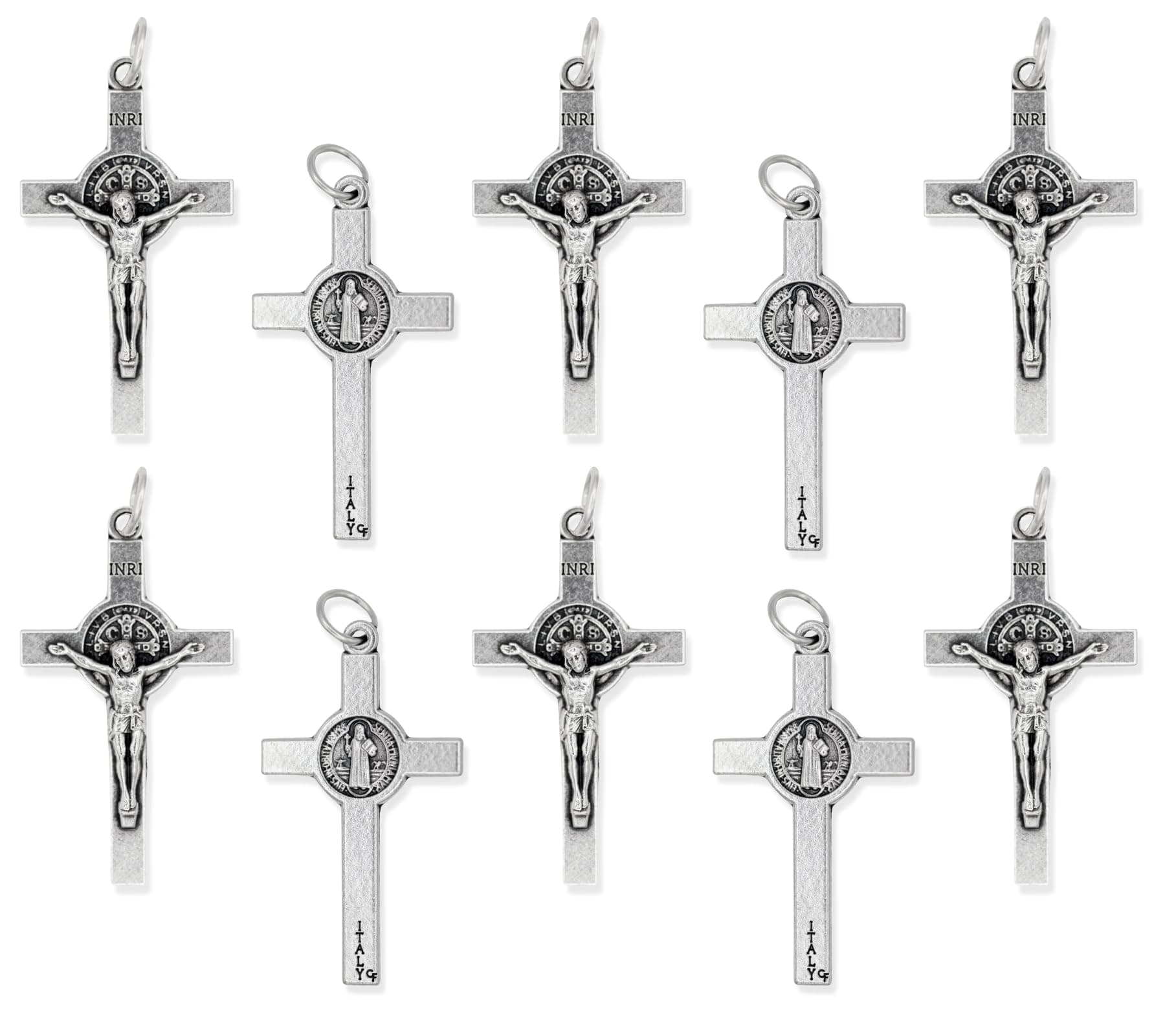 Caritas et Fides 10個パック - 聖ベネディクト十字架 (1.5インチ 十字架、銀酸化) - バルクロザリオ製作用品 イタリア製, 1.5", 亜鉛