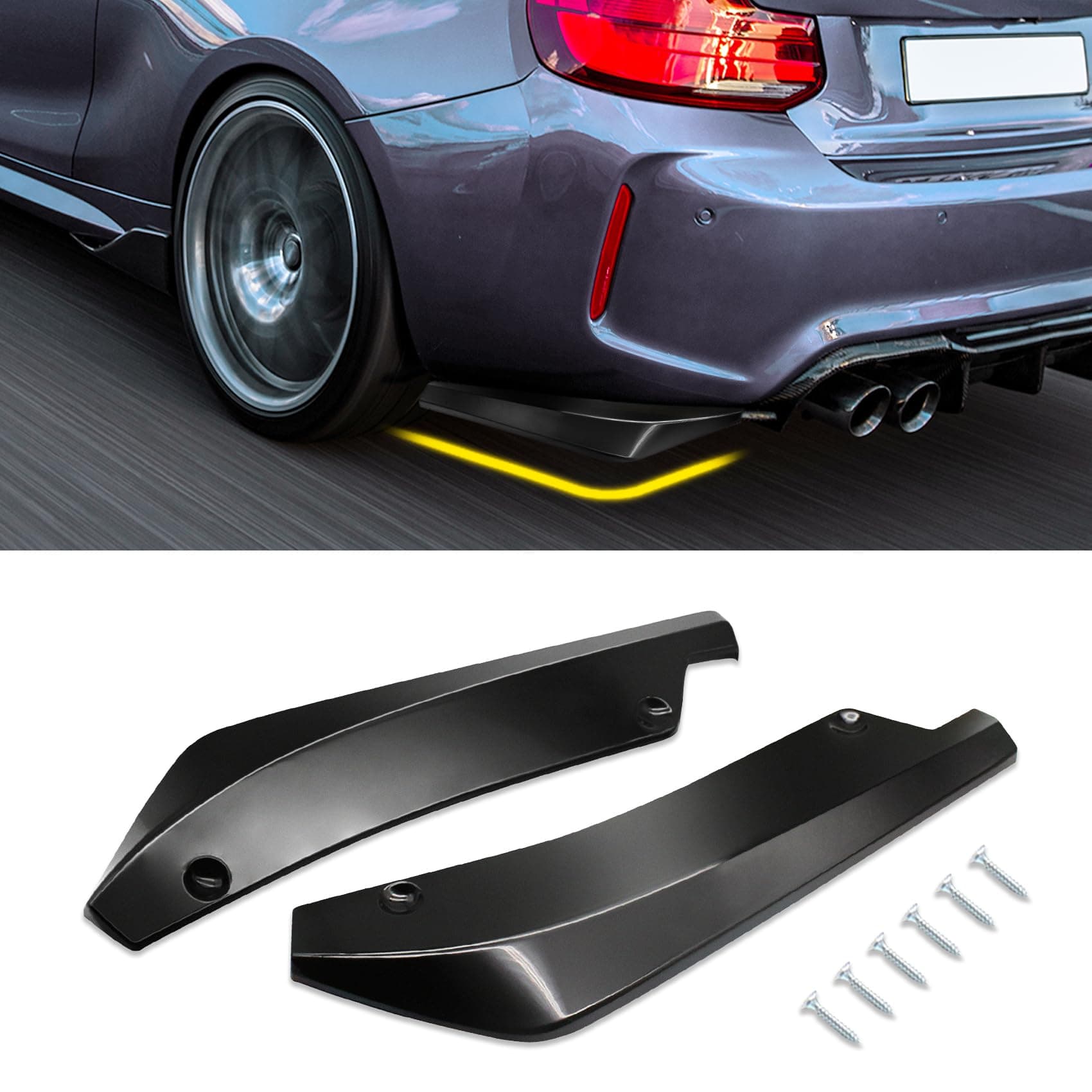 Kutyun 2PCS Car Rear Bumper Guard Diffuser Splitter, Rear Bumper Lip Body Kit with Bolts, Universal Anti Scratch Wrap Angle Protector for Side Fender Skirt Lip (Brilliant Black)