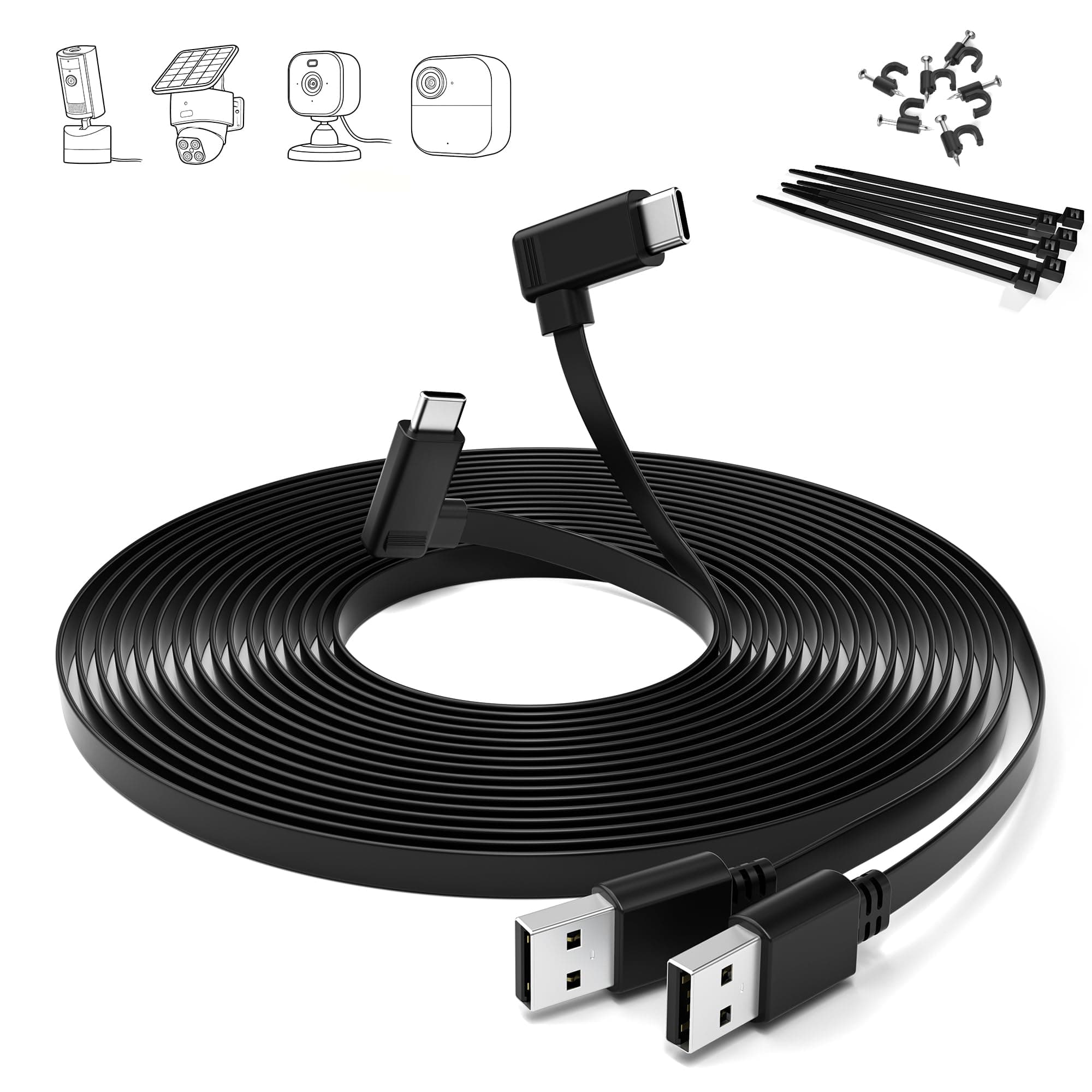 Itramax Flat USB C Cable 20FT/6M,2Pack Right Angle Long USB A to Type C Power Charger Cord,Continuous Security Camera Extension Supply Replacement Charging Wire for Blink Outdoor 4/Mini 2 2K+,Ring