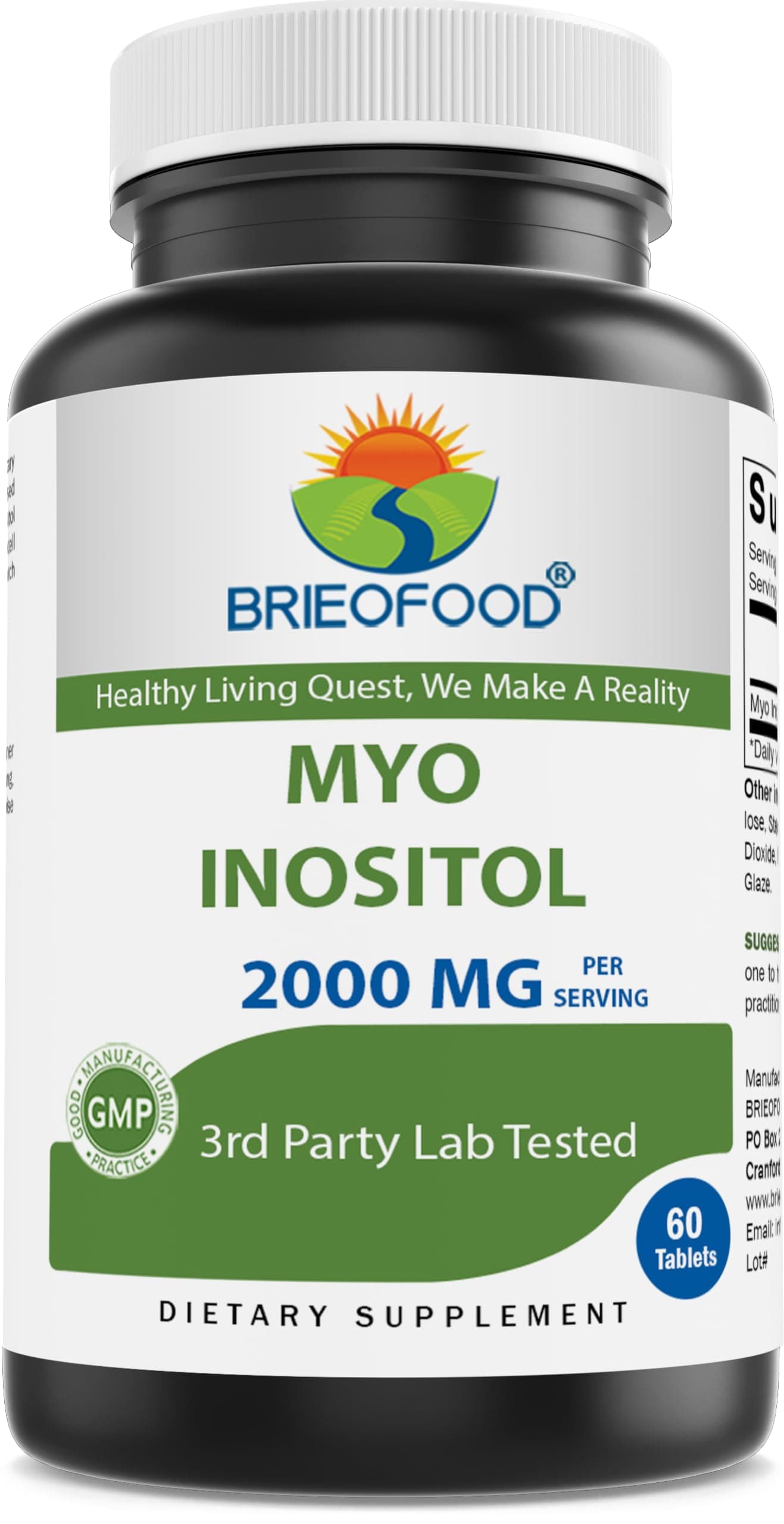 Brieofood Myo Inositol 2000 mg per Serving - 60 Tablets - 3rd Party Lab Tested
