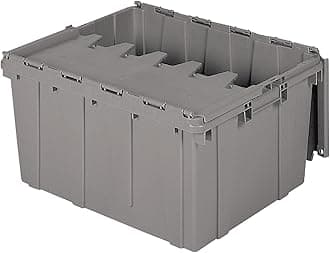 39175 Industrial Plastic Storage Tote with Hinged Attached Lid, (21.5-Inch L by 15-Inch W by 17-Inch H), Gray, (4-Pack)