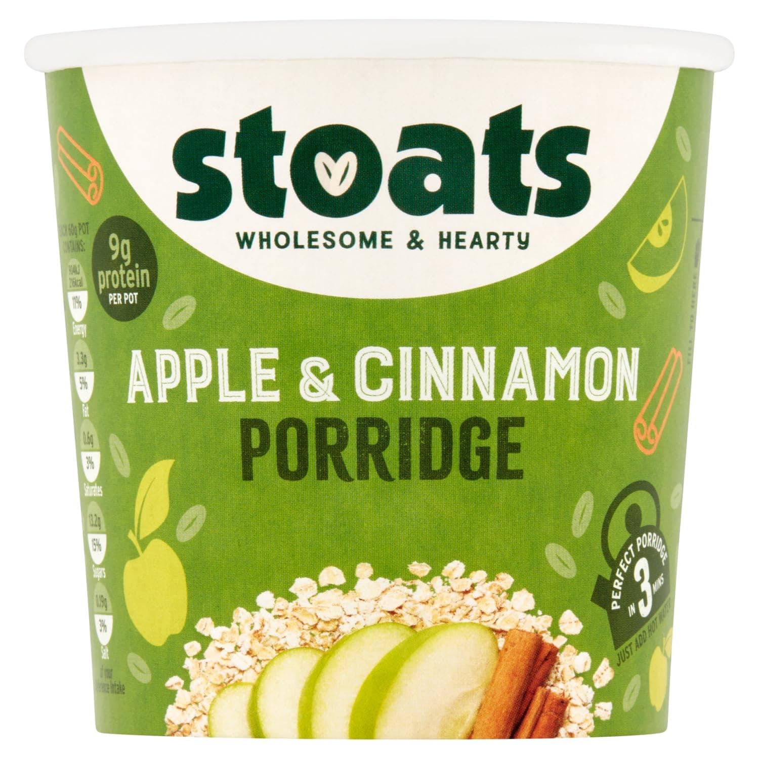 Stoats Apple & Cinnamon Porridge Pots – Made with Scottish Oats, Convenient Single-Serve 60g Pots, Great for Breakfast at Home or On-the-Go (Pack of 16)