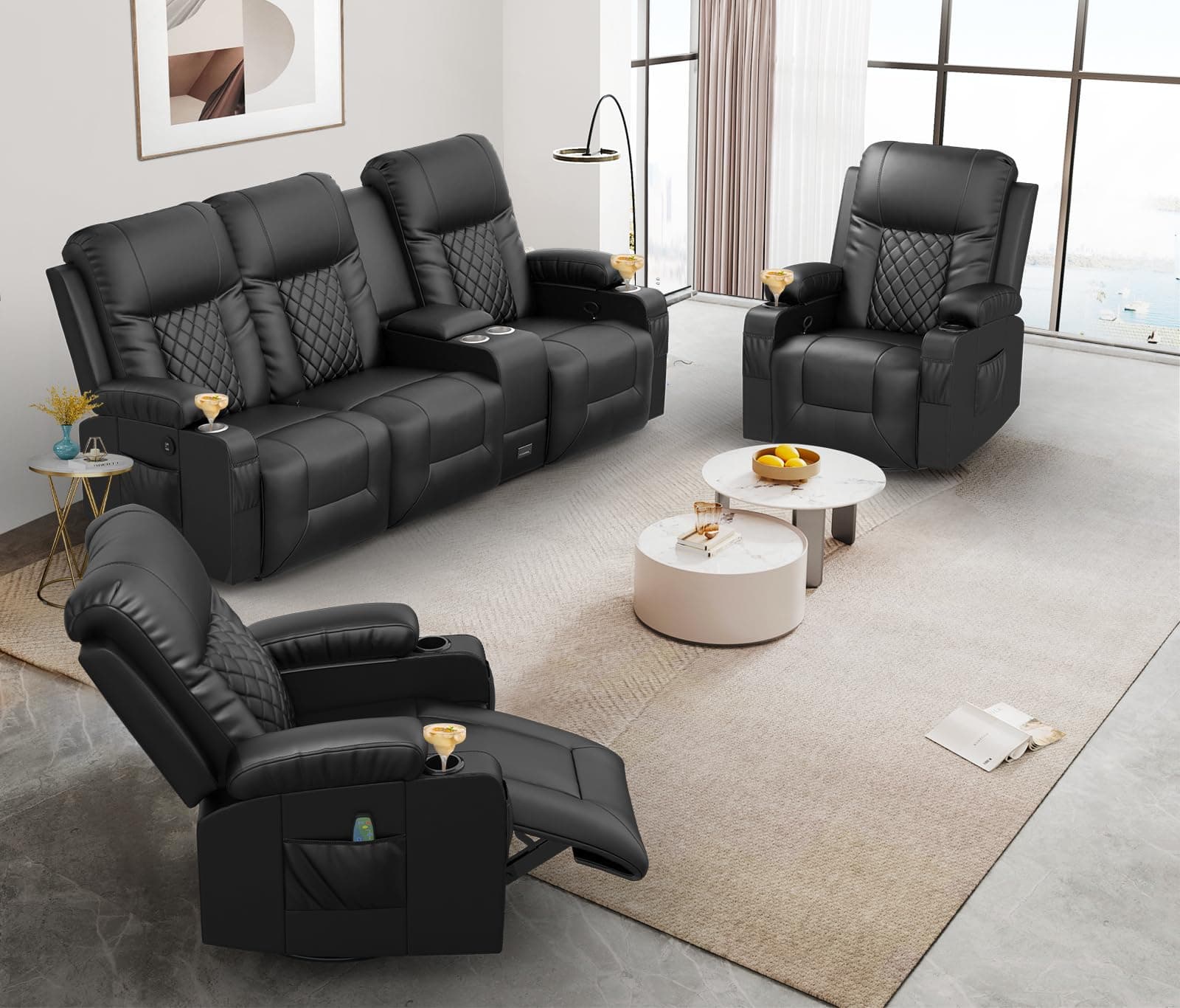 YONISEE Living Room Recliner Sofa Set, 3 Seat Reclining Sofa and 2PC 360° Swivel Recliner Chair with Heat and Massage for Living Room (3+1+1)