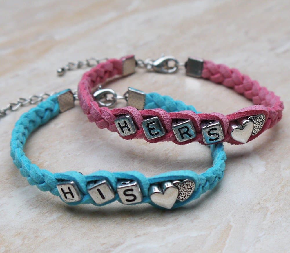 Couples Bracelet Set of 2 His and Hers Bracelet,Heart Bracelet, Blue and Pink Weaving Braid Bracelet, Anniversary Bracelets