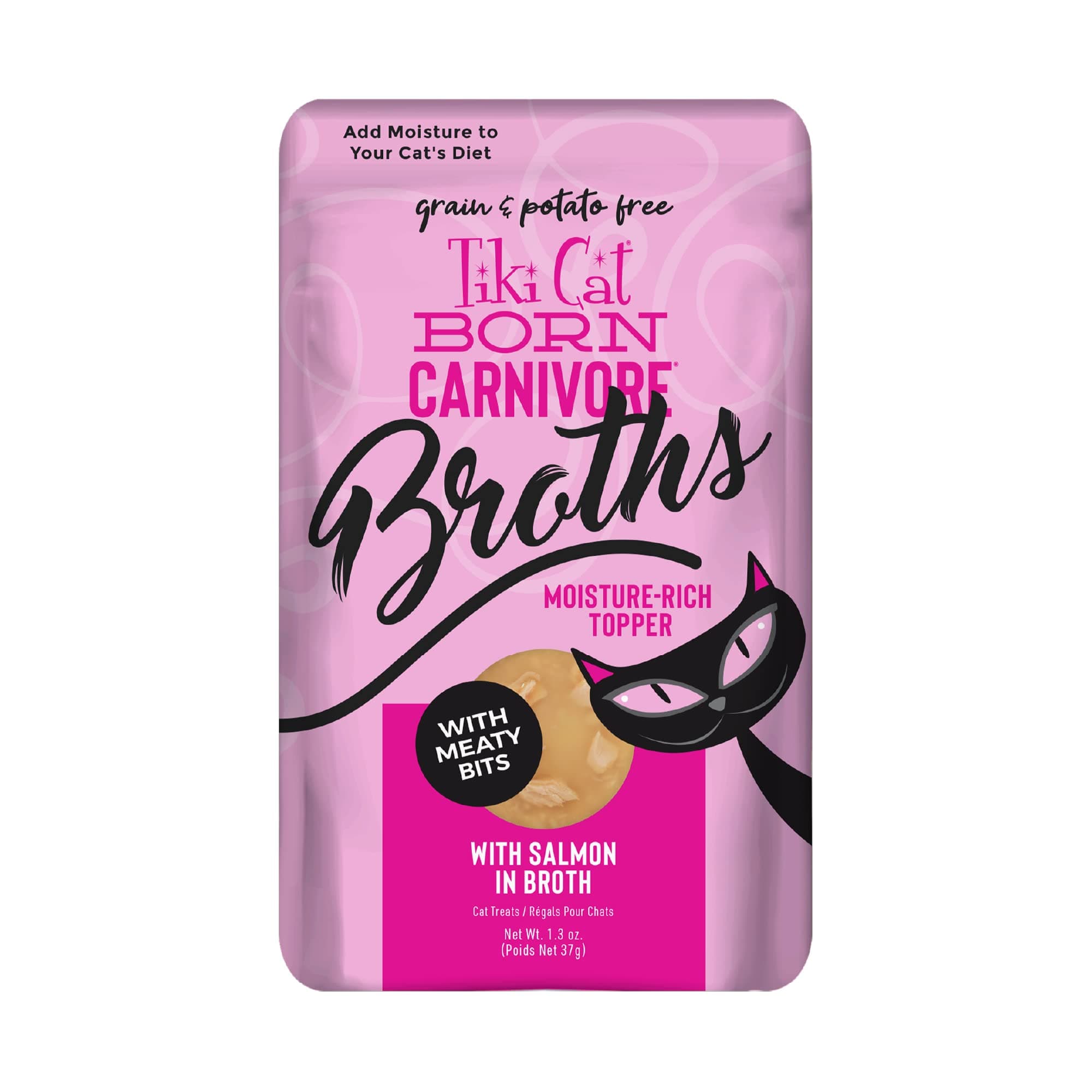 Cat Born Carnivore Broths, Salmon, Wet, Hydration and Flavor Supplement Cat Food Topper, 1.3 oz. Pouch (Pack of 12)