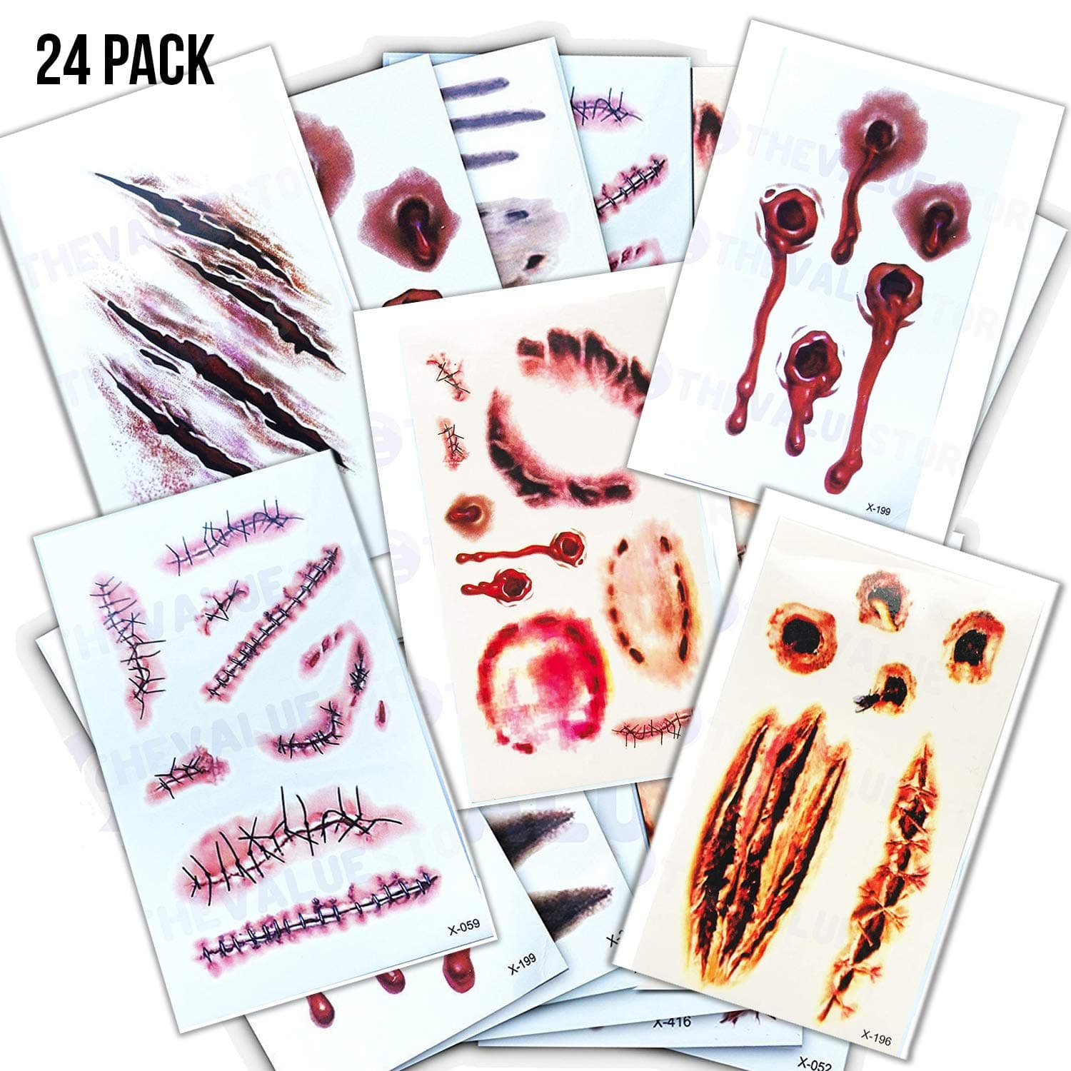 24 Pack - Halloween Zombie Tattoos Temporary Scars Fake Scab Stitches Bite Blood Make-Up