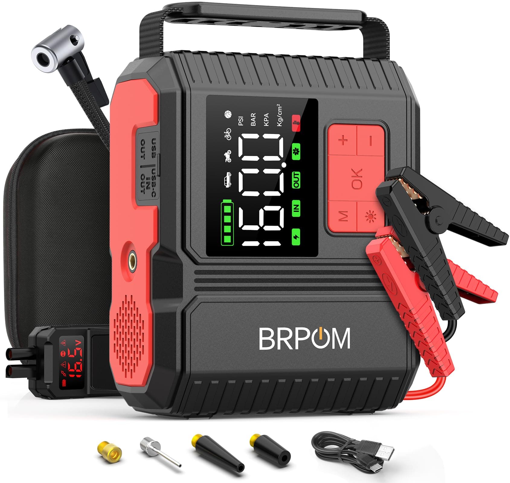 BRPOM Booster Battery 3000 A 24000 mAh 150 PSI Car Tyre Inflator 12 V Portable Car Jump Starter for Vehicles (Gas or 8 L Diesel) with LED Light, LCD Display, 12 Months Standby Time (BM600)