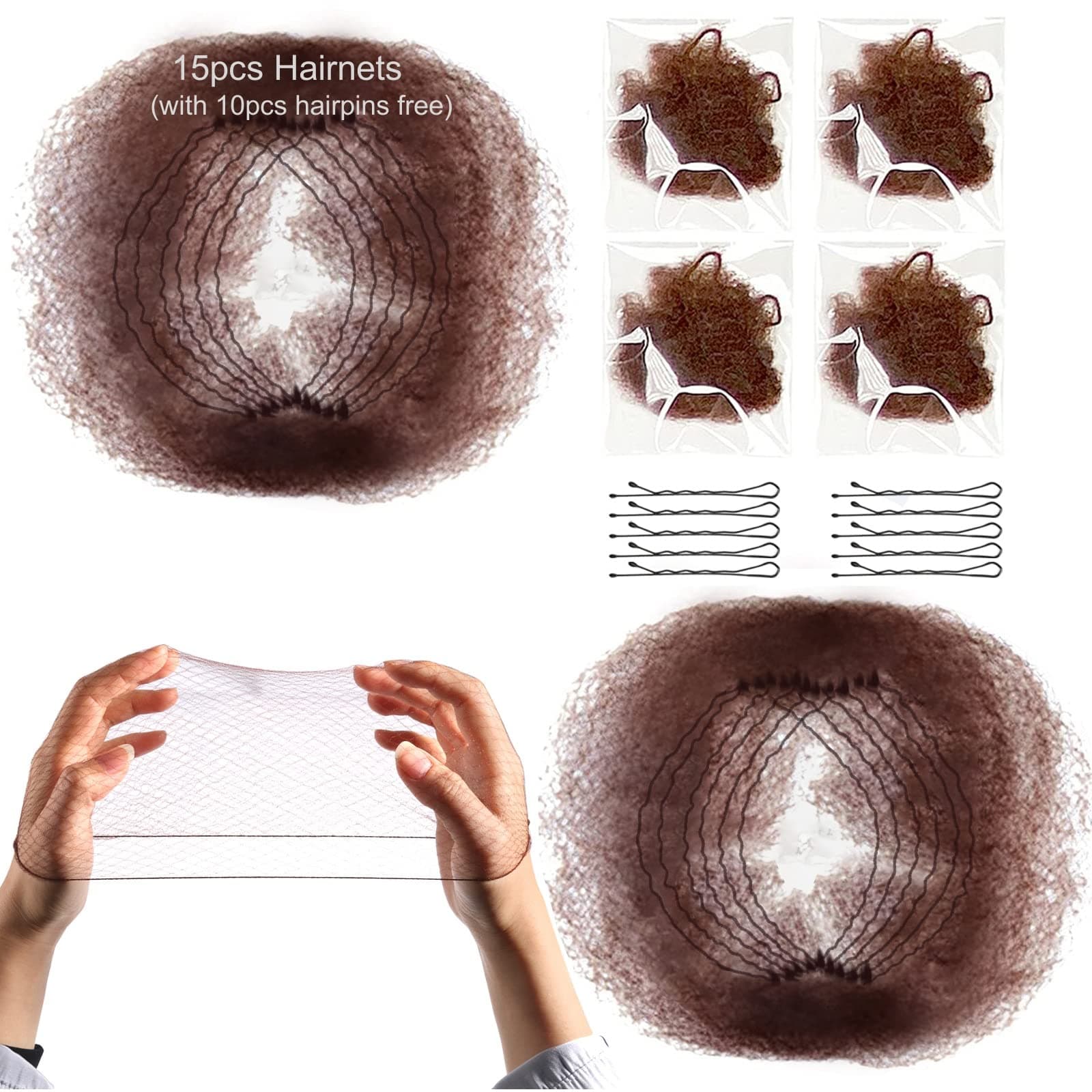 KKTech Pack of 15pcs Hair Nets Invisible Elastic Edge Mesh 50cm(15pcs) (coffee)