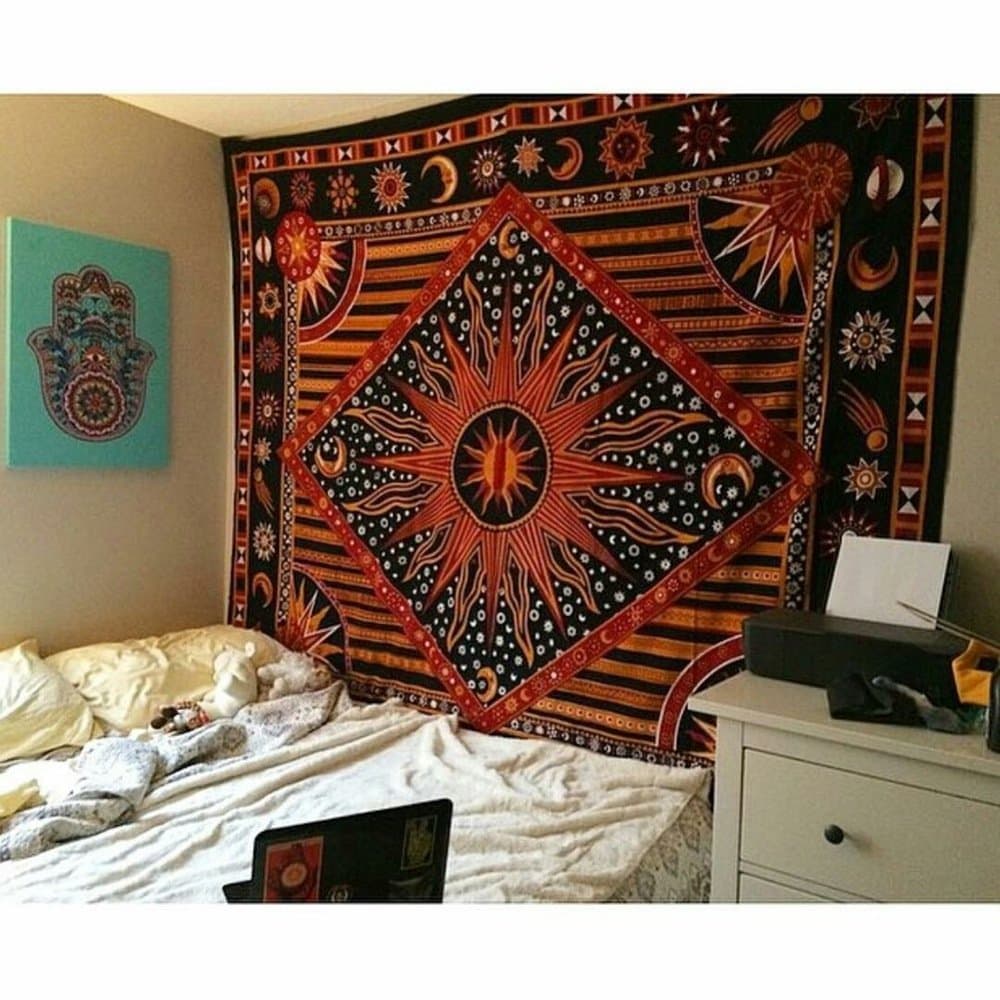 Popular Handicrafts Tapestry Wall Hanging Hippie Burning Sun Celestial Bohemian Hippy Intricate Indian Tapestries Bedspread 54"x82",(140cm x 210cm) Golden