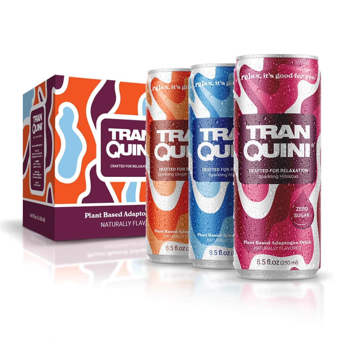 Tranquini Calming Drink With Herbal Adaptogens | Sparkling Water Stress Relief Beverage | Sugar Free, Non Alcoholic, Gluten Free, Vegan - 250ml Variety Pack (6 cans)