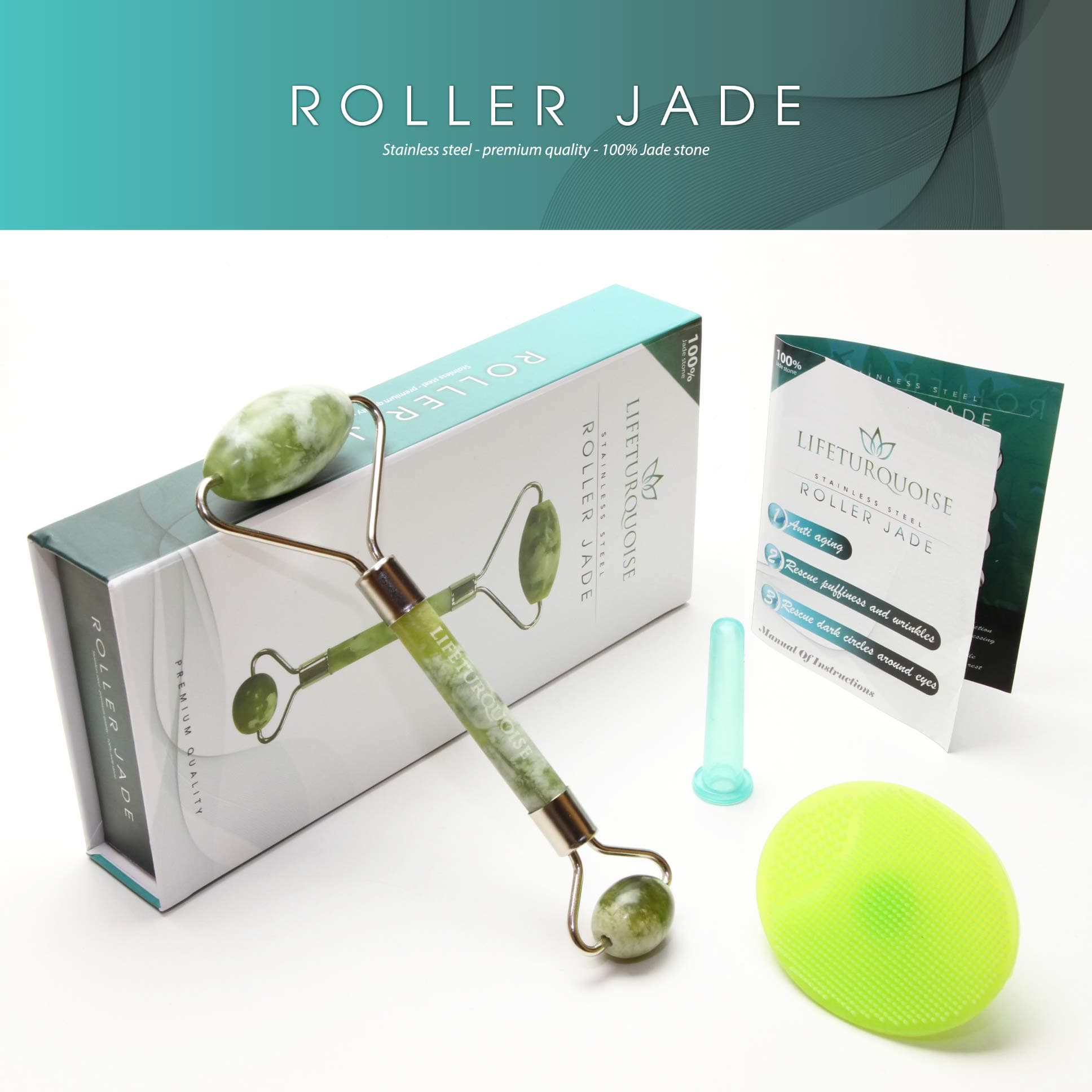 LifeTurquoise 3 in 1 Facial Jade Roller | Face Roller Massager, Silicone Cleansing Brush, and Face Suction Cup for Cupping Therapy – Authentic Himalyan Jade Stone – Reduces Puffiness and Fine Wrinkles