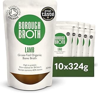 Organic Lamb Bone Broth by Borough Broth - Freshly Made with Grass-Fed Lamb & British Spring Water - High in Collagen & Protein - Low-Cal & Gluten Free - Delivered Chilled - 10 x 324g