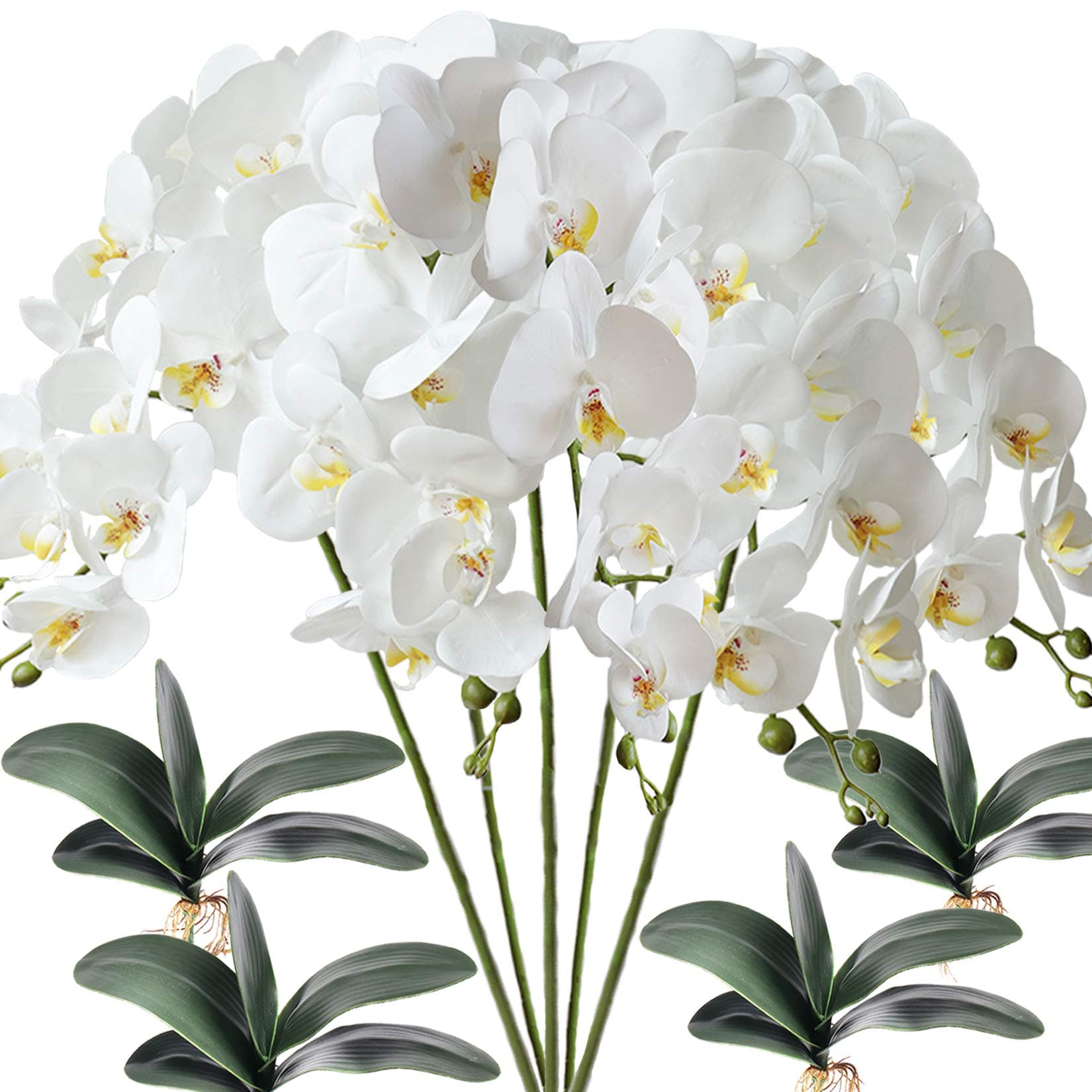 FagusHome 5 Pcs Artificial Phalaenopsis Flowers with 4 Bundles Leaves Artificial Orchid Flowers Stem Plants for Home Décor