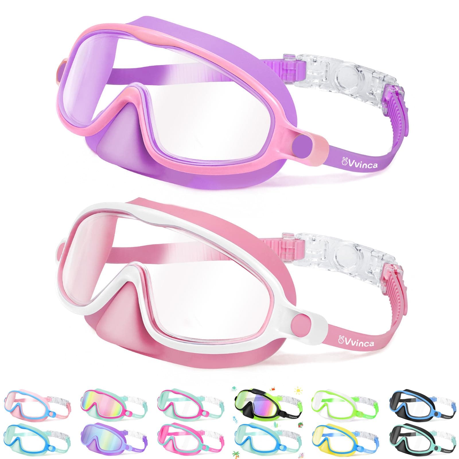 Vvinca 2 Pcs Kids-Swim-Goggles with Nose Cover, Swimming Diving Mask Wide View Anti Fog UV Anti Shattered Lens for Kids 3-5