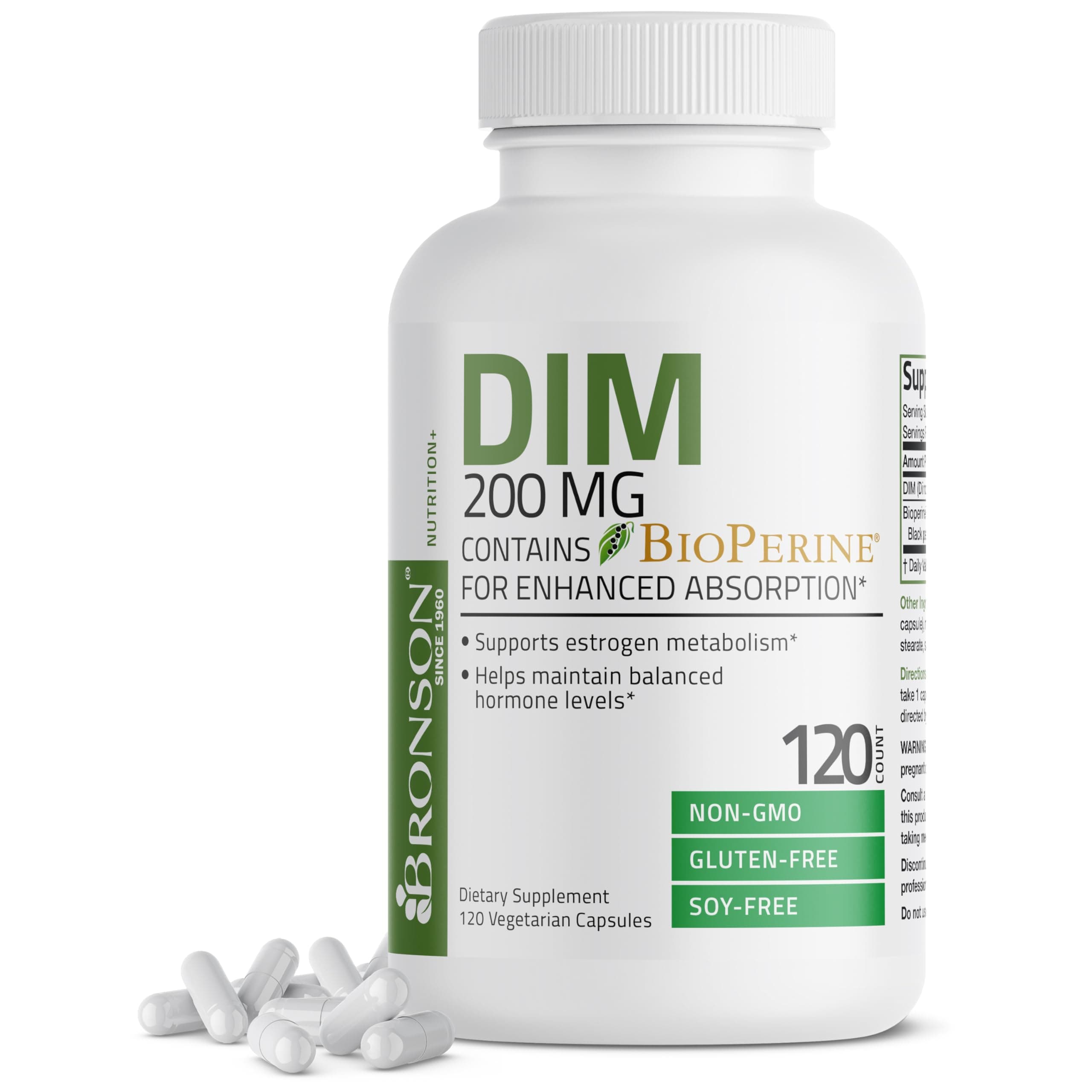 Bronson DIM Supplement 200 mg Diindolymethane with BioPerine for Enhanced Absorption, Estrogen Metabolism & Maintains Balanced Hormone Levels, 120 Vegetarian Capsules