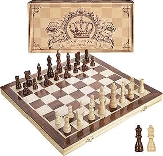 - AMEROUS 15 Inches Magnetic Wooden Chess Set - 2 Extra Queens - Folding Board - Pieces Storage Slots, Handmade Portable Travel Chess Game - Beginner Chess Set for Kids, 6 up Age