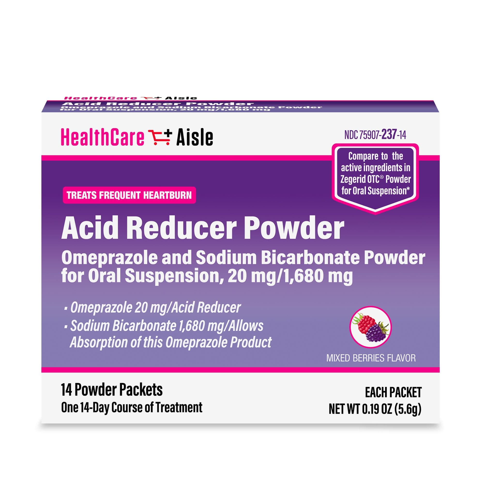 HealthCareAisle Omeprazole and Sodium Bicarbonate Powder for Oral Suspension, 20 mg/1,680 mg - 14 Packets - Acid Reducer - Effective Acid Reflux Medicine, Treats Frequent Heartburn