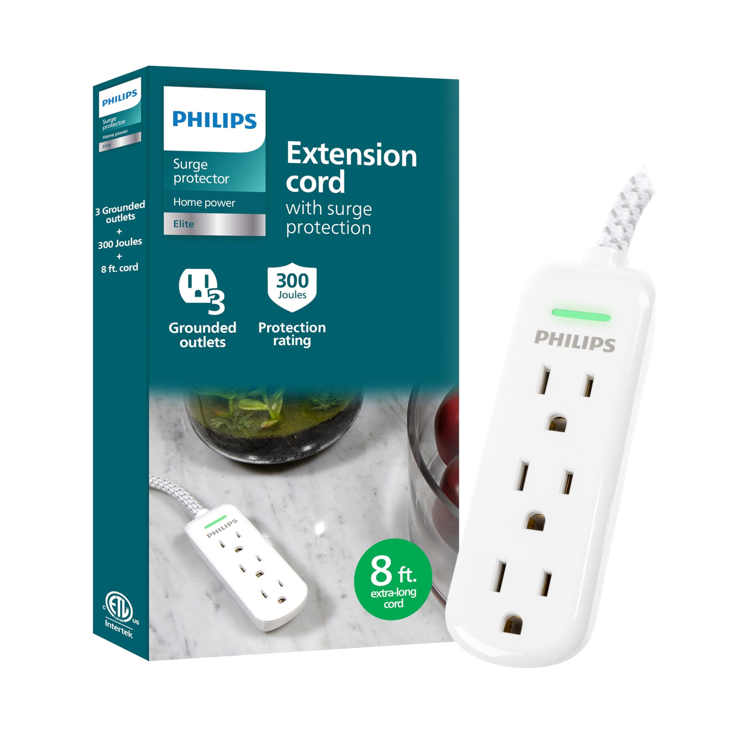 PHILIPS SPP3433BB/37 - 3-Outlet Indoor Extension Cable, Long with Surge Protection, Flat Plug, 300 Joules, UL Listed White, SPP3433BB/37