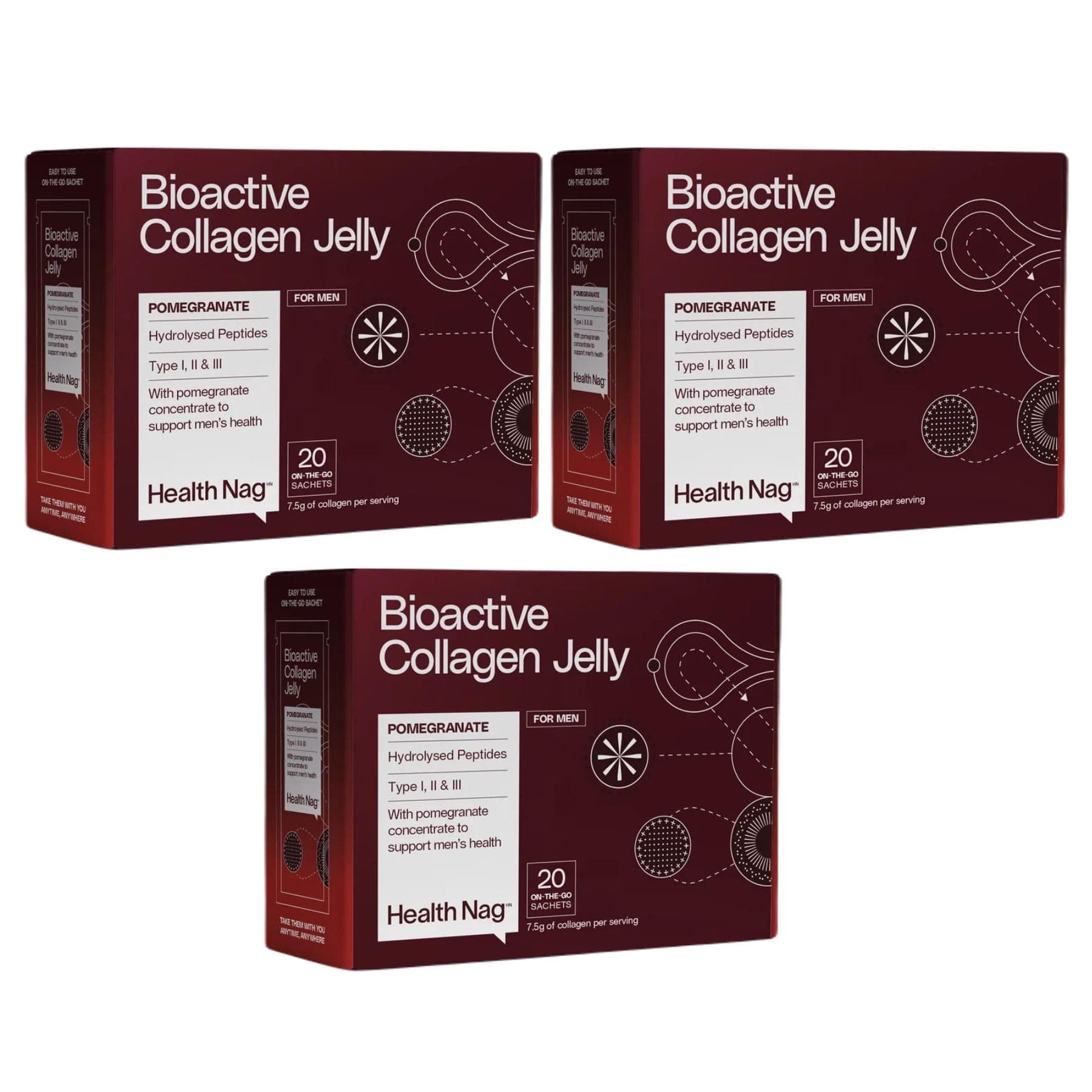Bioactive Collagen Jelly - 20 Sachets in 1 Box,100% Pure Hydrolysed Peptides of Type I, II, III & IV On-The-Go-Sachets - Pomegranate - Pack of 3 (Delivered in a Chilled Van)