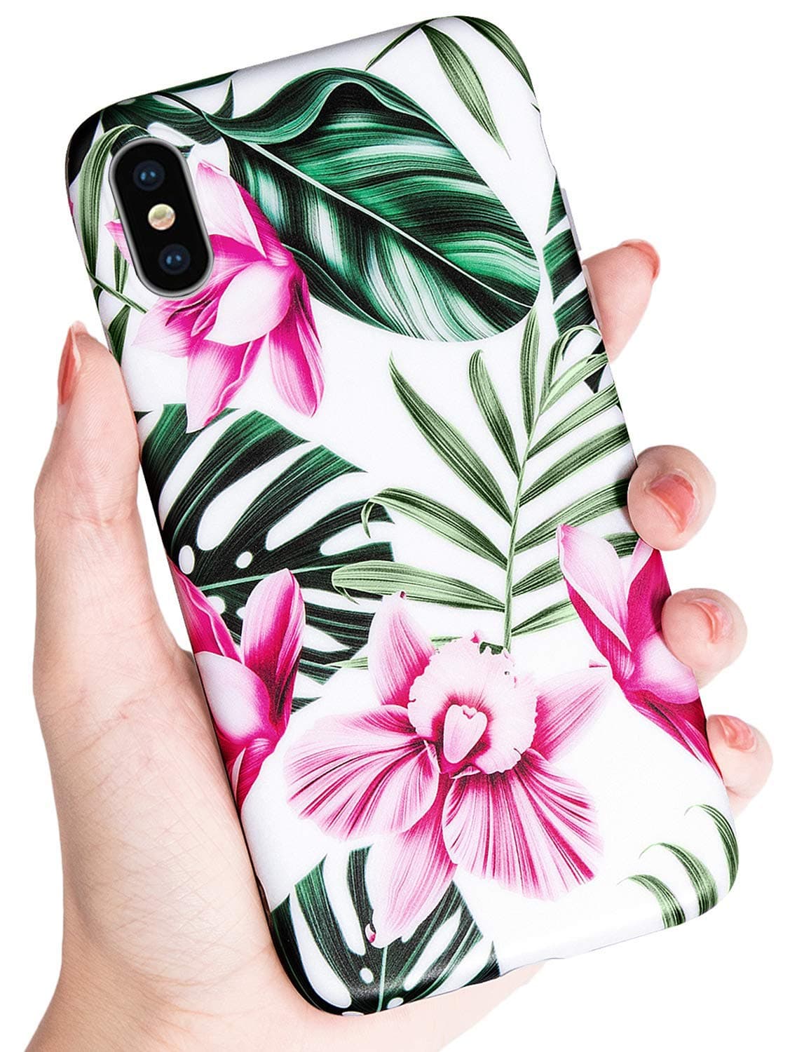 SUBESKING iPhone X Case / Xs Case,Cute Slim Fit Soft TPU White Floral and Green Leaves Pattern Protective Phone Cover for Women Girls (Pink Flowers)