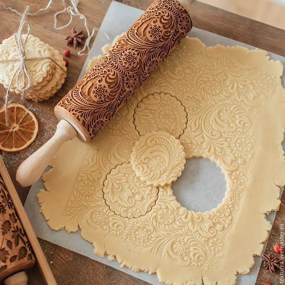Laser Printing Flower Pattern Wooden Rolling Pin, Wooden Laser Engraved Snowflake Plant Rolling Pin,Embossed Engraved Roller Pin for Baking Embossed Cookies~Small,355cm