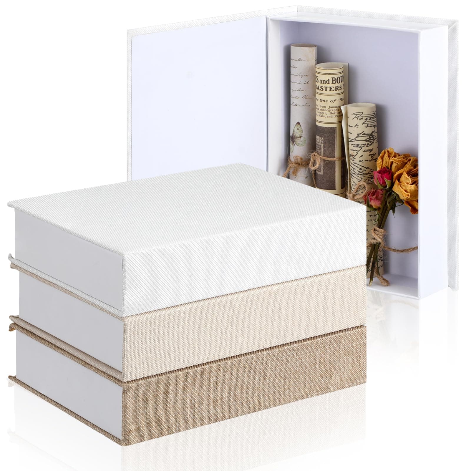 Tioncy 3 Pcs Fake Book Box Neutral Linen Book Box Decorative Faux Prop Storage for Farmhouse Home Decor shelf Table Card Photo DIY Keepsake Gift(8.6 x 6.1 x 1.8 Inch,Multicolor)