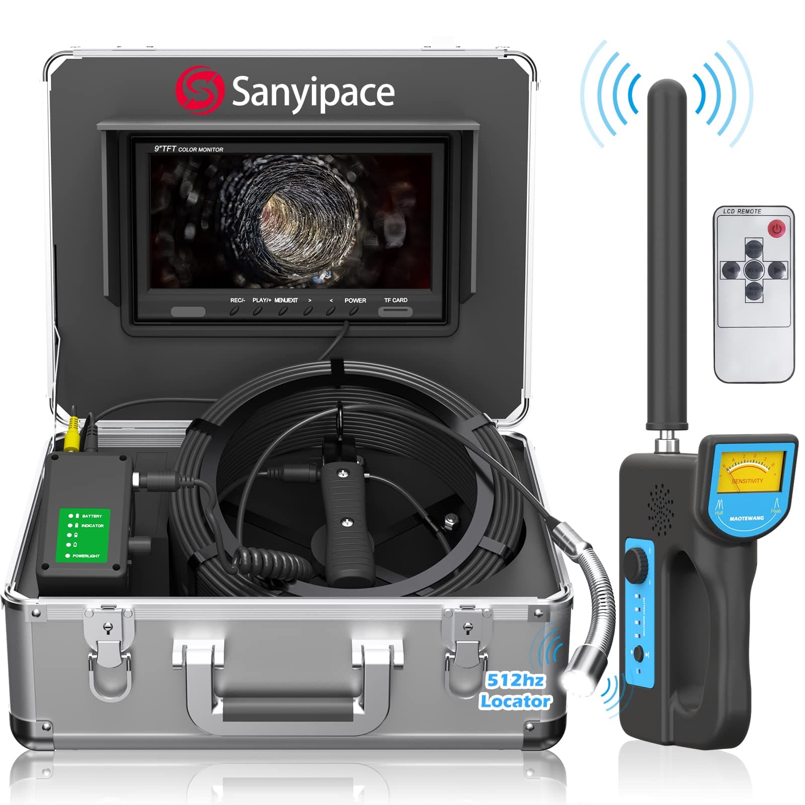 Sanyipace Sewer Camera 165FT/50M with Locator, Self-Leveling, 512Hz Transmitter and Receiver, HD Drain Pipe Camera with Mic Speaker Recorder