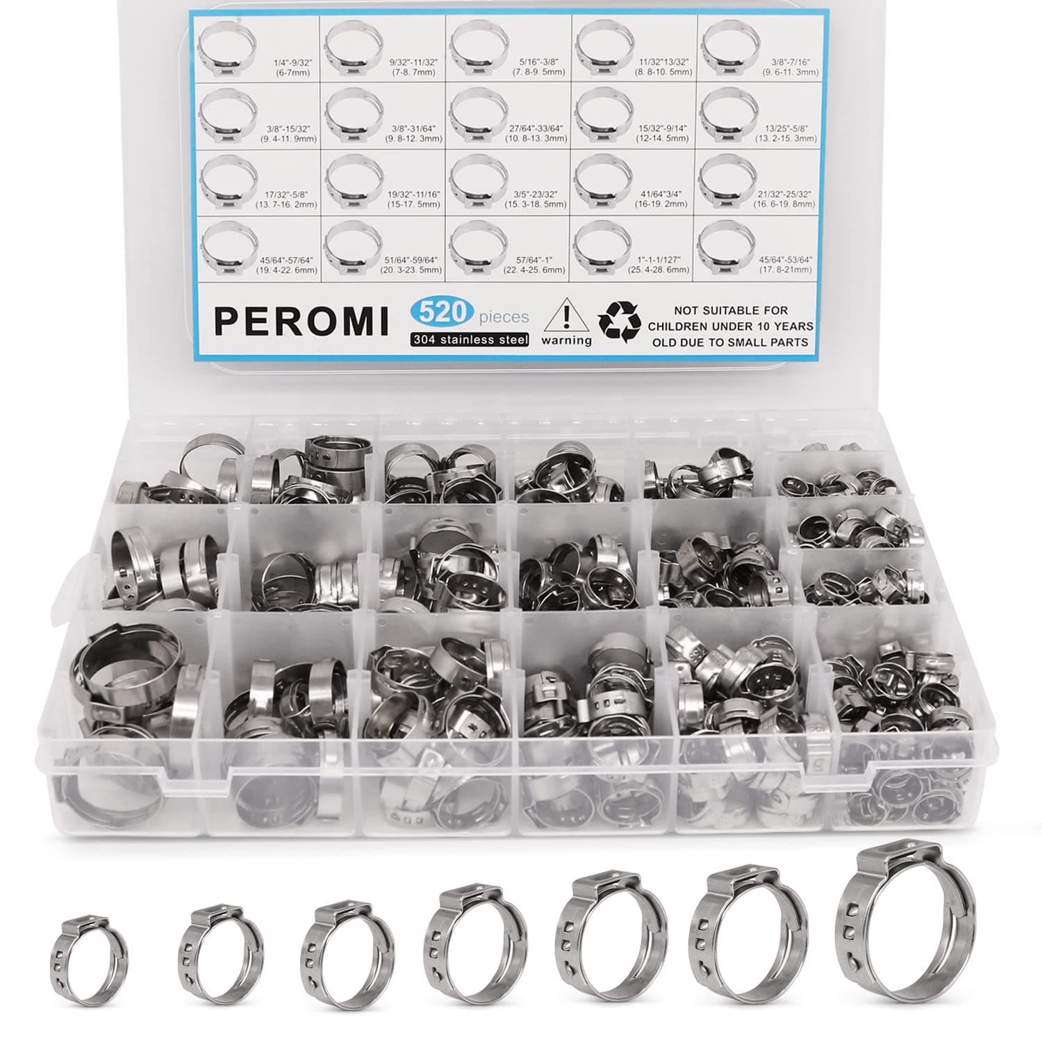 PEROMI 520 Pcs PEX Cinch Clamps Ring, 20 Sizes 1/4-1 Inch Stainless Steel Single Ear Stepless Hose Clamps Assortment Kit for Water Pipe, Plumbing and Automotive Use