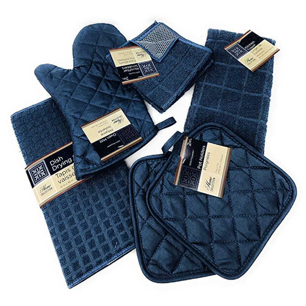 Kitchen Towel Set with 2 Quilted Pot Holders, Oven Mitt, Dish Towel, Dish Drying Mat, 2 Microfiber Scrubbing Dishcloths (Blue)