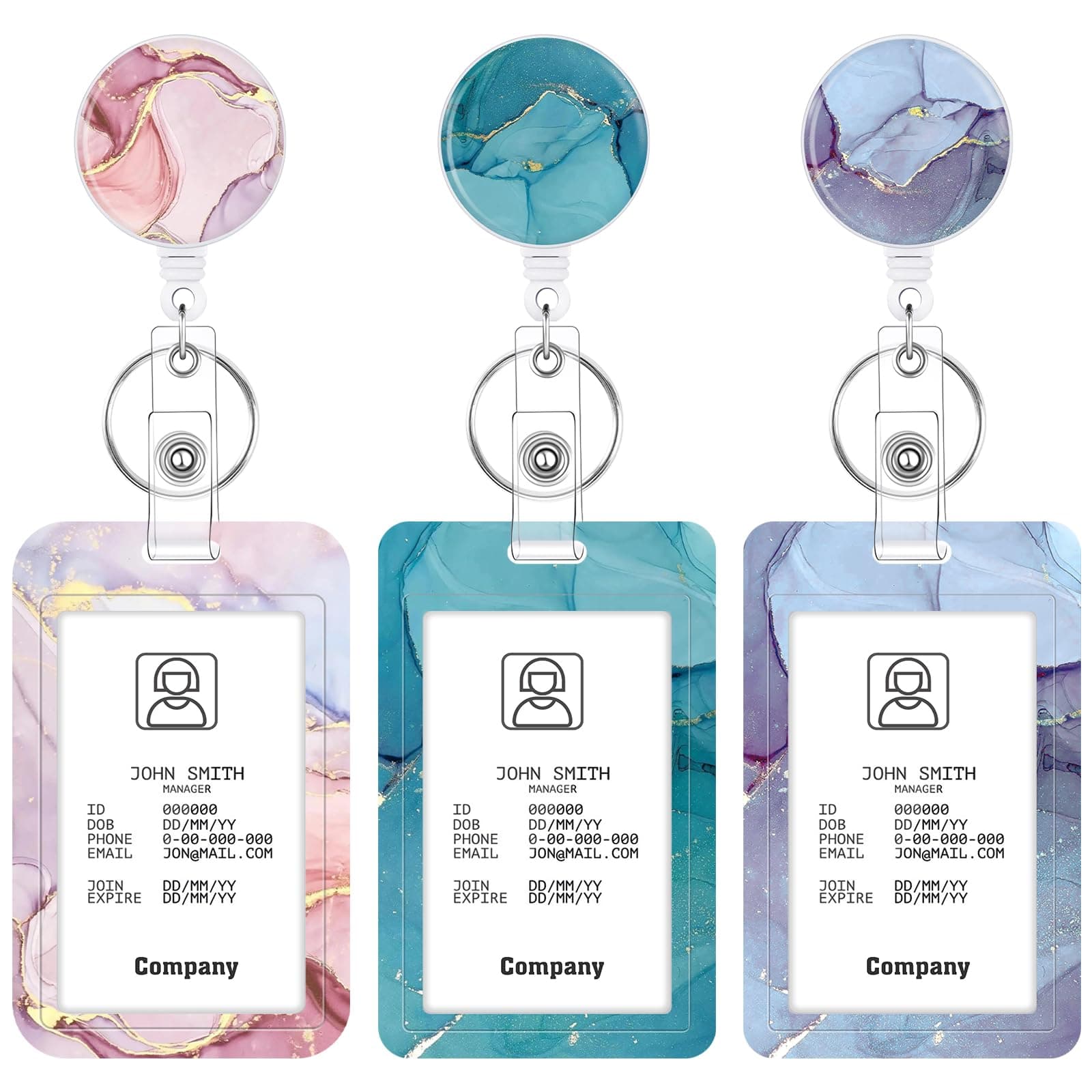3 Set Heavy Duty Badge Holder with Retractable Reel, Marble Retractable ID Badge Holders with Clip Name Key Card Holder Case for Teacher Nurse Doctor Student Office Gift for Coworkers