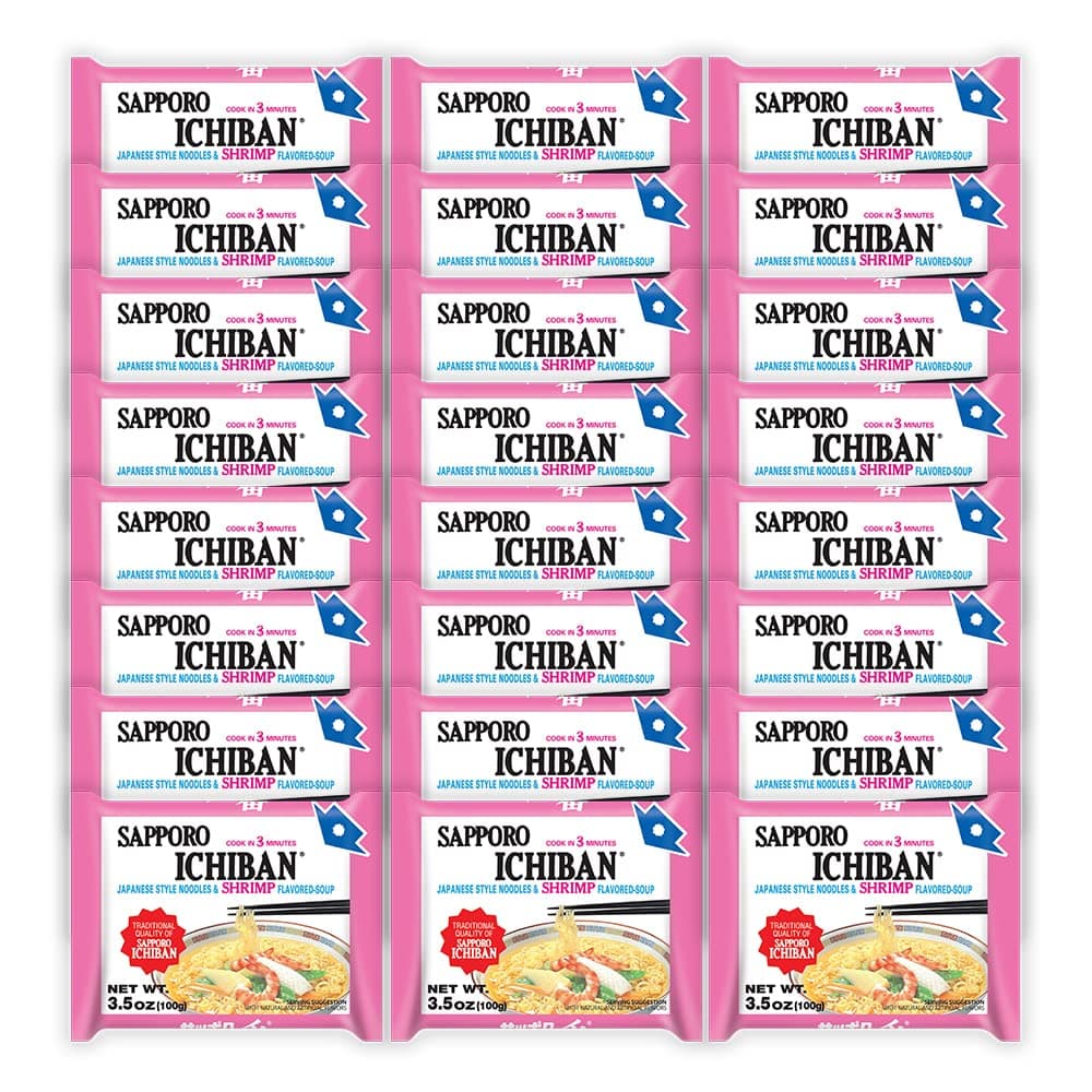 [SAPPORO ICHIBAN] Ramen Noodles, Shrimp Flavor, No. 1 Tasting Japanese Instant Noodles (3.5 Oz. x 24 packs) | 24 Pack Case
