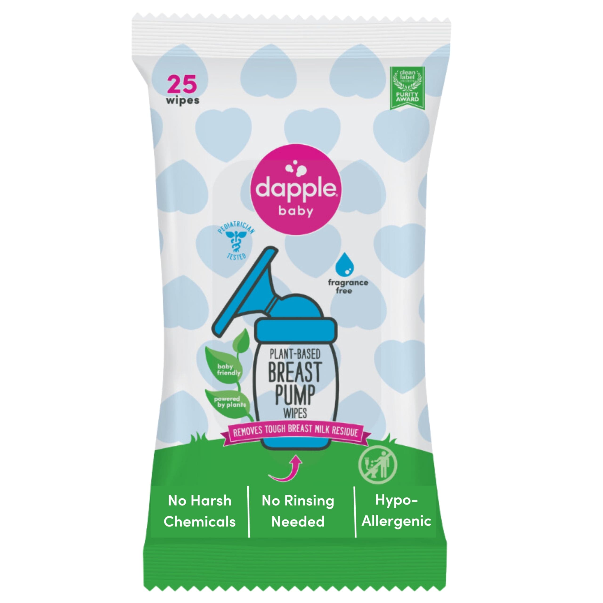 Dapple Baby Breast Pump Wipes, 25 Count, Fragrance Free, Plant Based & Hypoallergenic, Removes Milk Residue, Taste-Free, Convenient Wipes Pouch