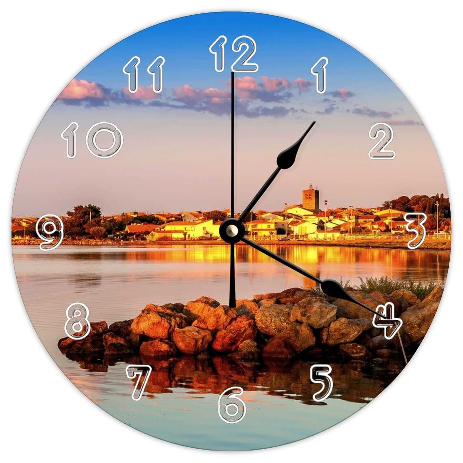 FunlucyModern Round Wall Clock - Vstones Meuse Sea City Architecture Natural theme Silent Non Ticking Wall Clocks for Kitchen, Office, Retro Hanging Clock, 14 Inches