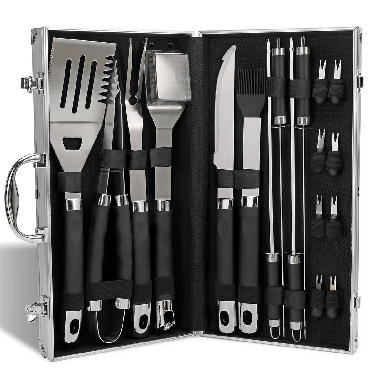 Monbix GL-80319 BBQ Grill Set with 19 Pieces Ergonomic Barbecue Accessories, Stainless Steel BBQ Grill Accessories Set with Aluminium Case, Complete Outdoor Grilling Kit, Great Gift for Man, Dad