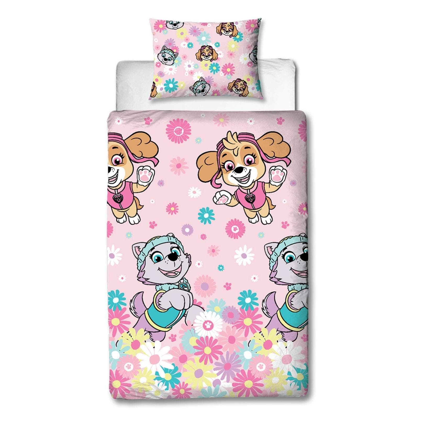 Character World Paw Patrol Official Single Childs Duvet Cover Set | Flowers Design Reversible 2 Sided Bedding Including Matching Pillow Case | Single Bed Set