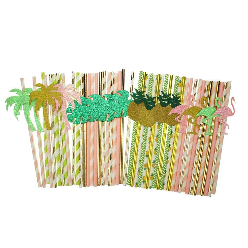 Bilipala Hawaii Decorative Paper Party Straws Coconut Trees Flamingo Pineapple Tropical Palm Straws Decor Baby Shower, Birthday, Pool Party Supplies Pack of 48