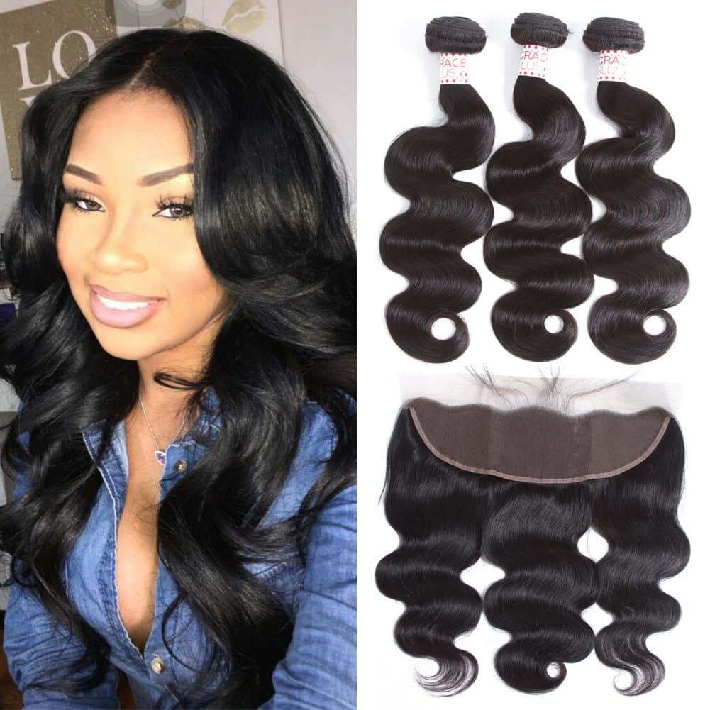 Grace Plus Hair Brazilian Body Wave 3 Bundles with Frontal Ear to Ear Lace Frontal Closure with Bundles Brazilian Hair with Closure Human Hair Extensions Lace Frontal with Baby Hair (8 10 12+8)