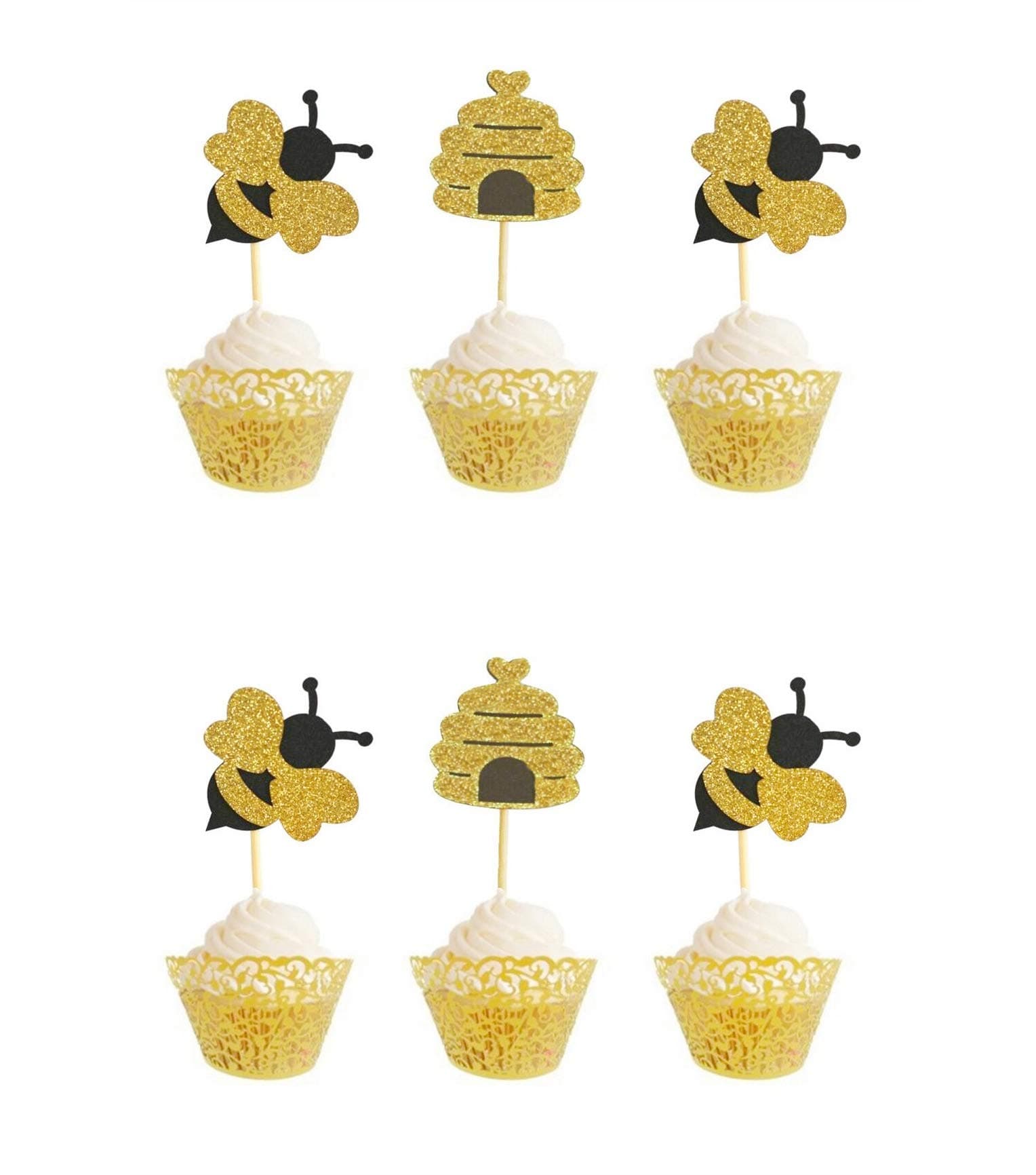 WallyE Bumble Bee Birthday Party Cupcake Topper in Glitter Bee and Honeycomb Shape, 12 Pack