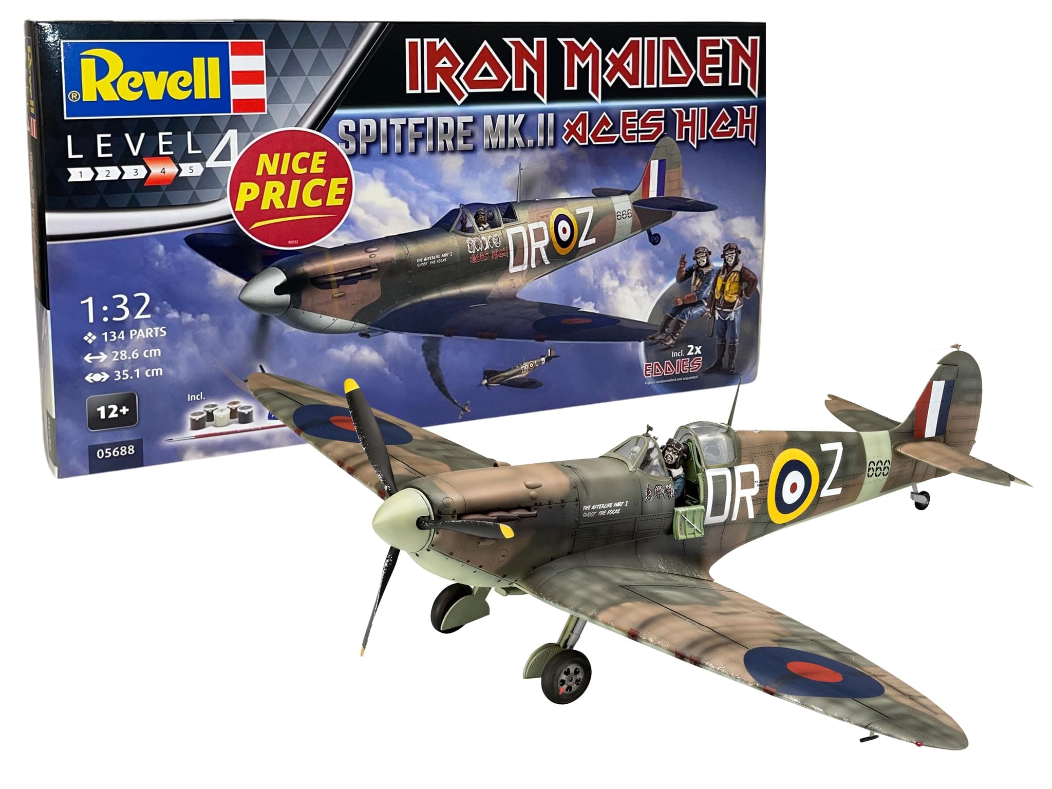Gift Set 05688 Spitfire Mk.II Aces High Iron Maiden & Eddie Figures 1:32 Scale Unbuilt Plastic Model Kits with Contacta Professional Glue, Paintbrush & Selected Aqua Color Paints