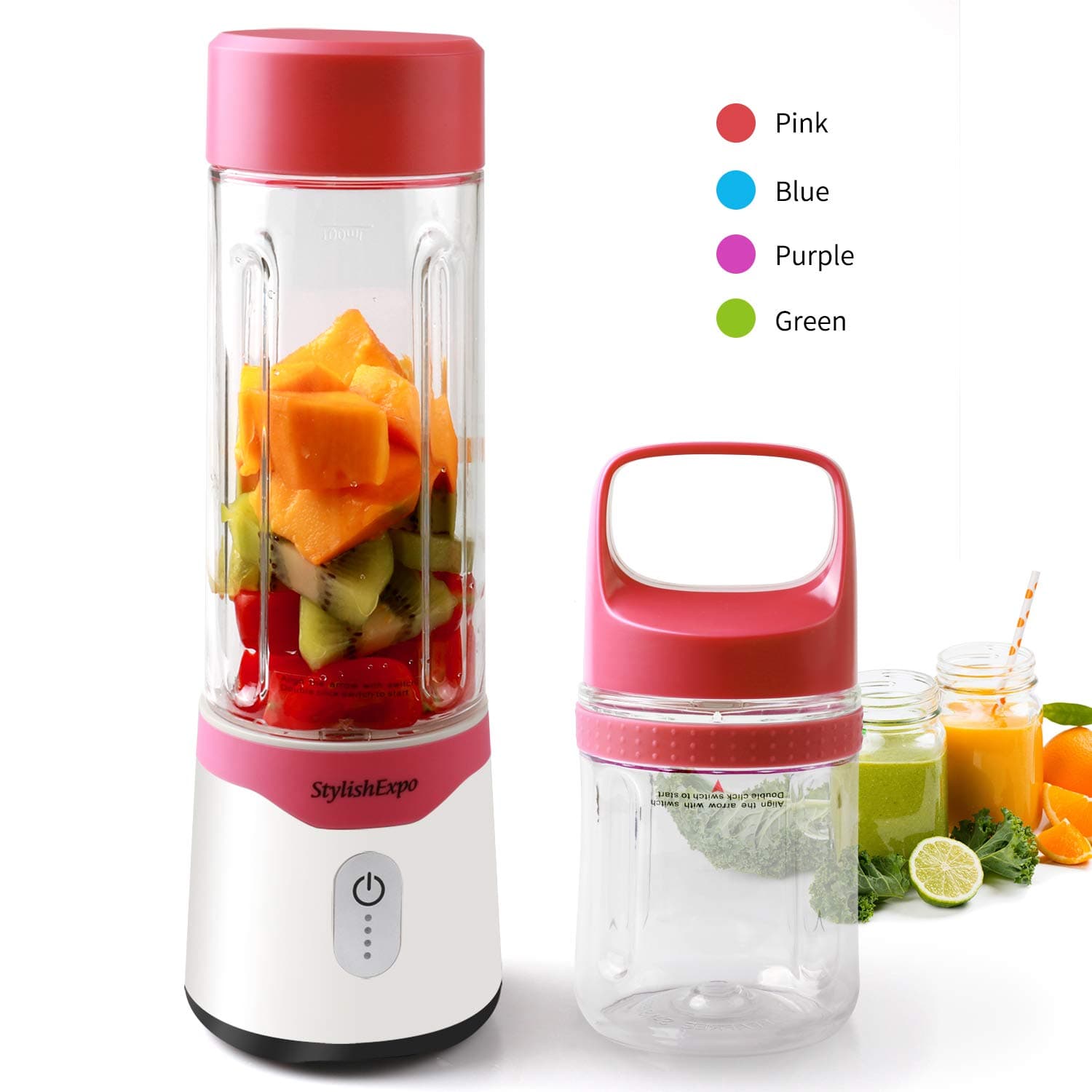 Personal Smoothie Travel Blender, USB Rechargeable Handheld Fruit Machine, Mini Blender for Shakes and Smoothies With 2 Cups (10oZ and 17oZ) for Fitness Gym Picnic Father's Day Gift (Pink)