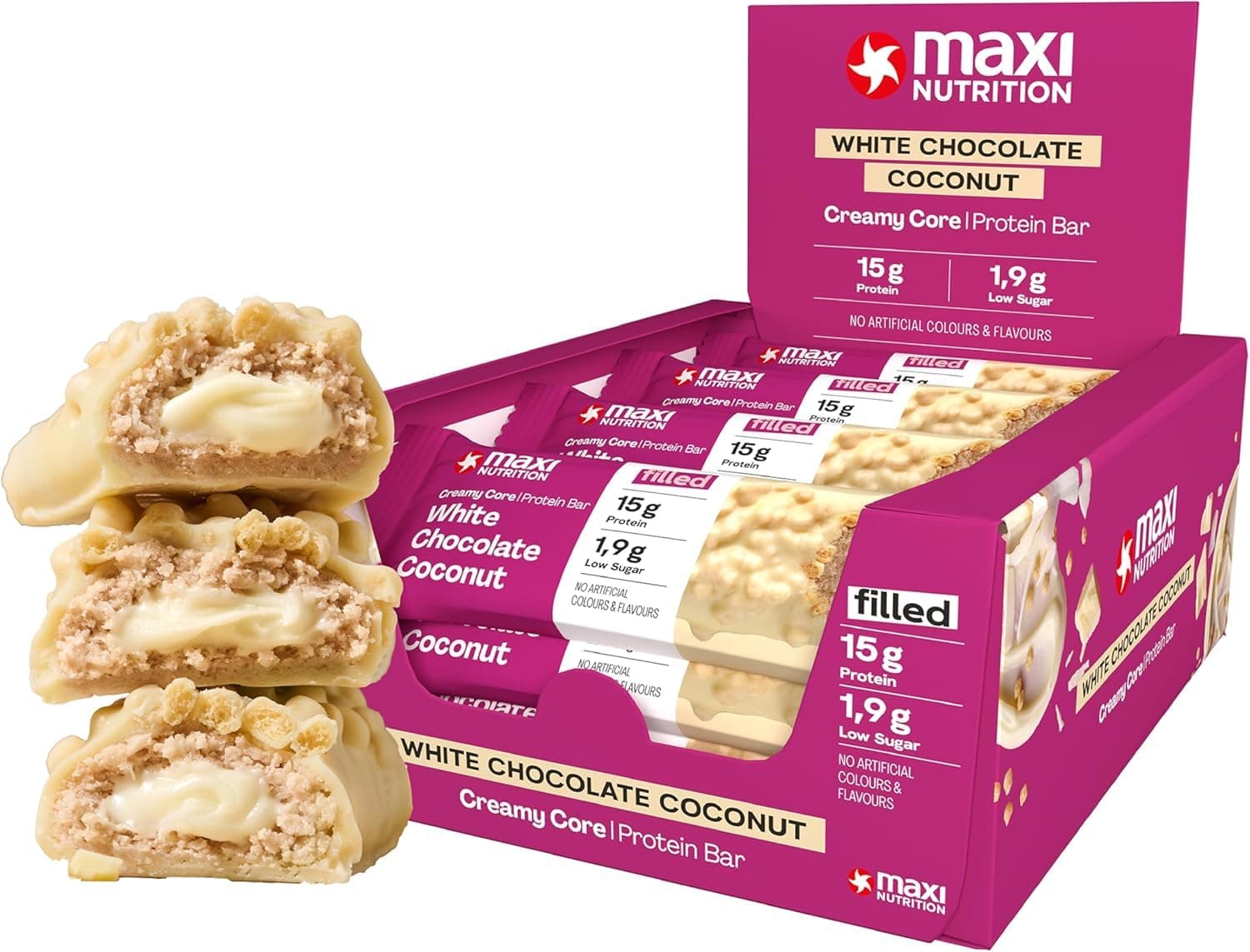 MaxiNutrition Creamy Core Protein Bar White Chocolate Coconut, 12 x 45 g, 15 g protein per serving